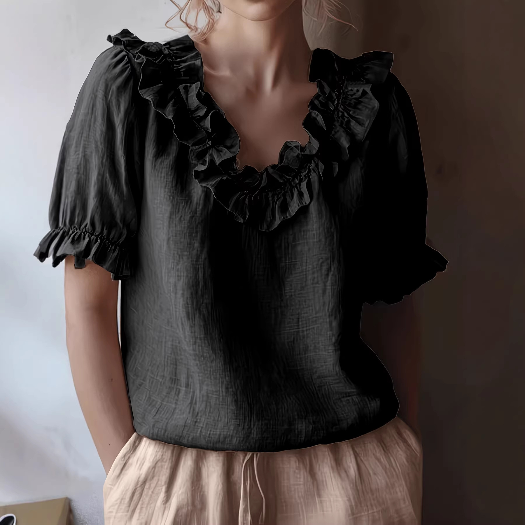 Cotton-linen crew-neck short-sleeve top