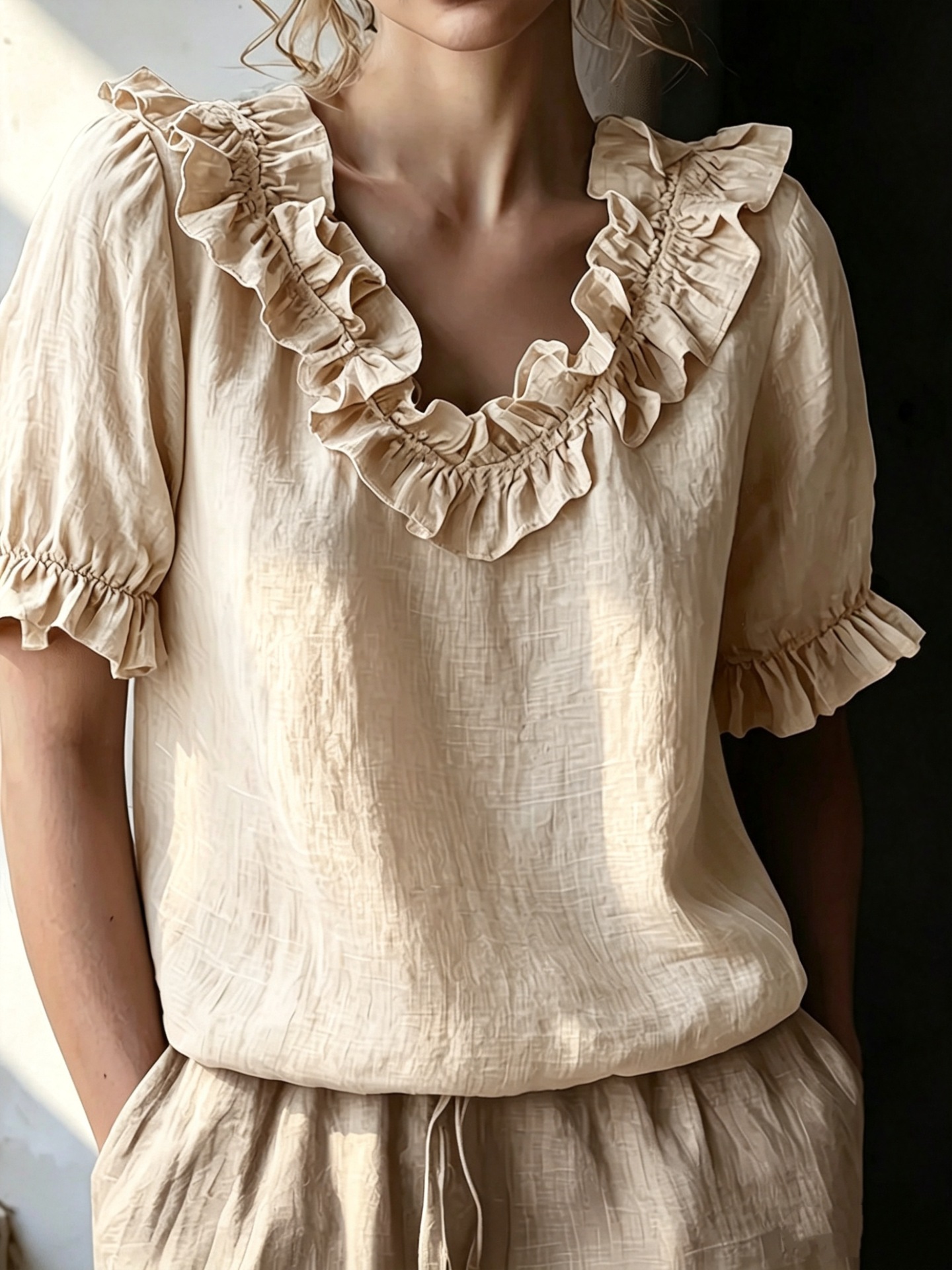 Cotton-linen crew-neck short-sleeve top