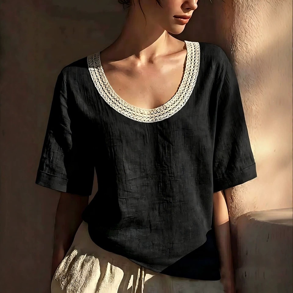 Vintage-style lace short-sleeve top with a U-neckline