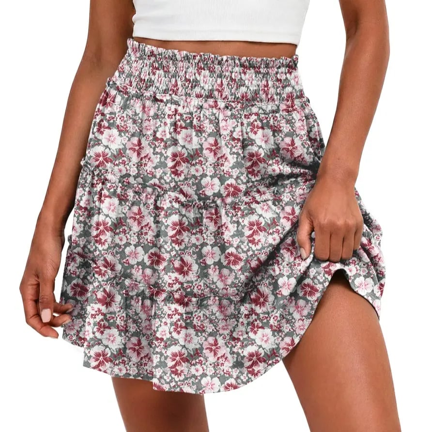 🔥Women's Boho Floral Skorts, Flowy Tiered Ruffle Elastic-Waist Bottoms with Built-in Shorts and Pockets, Casual Style