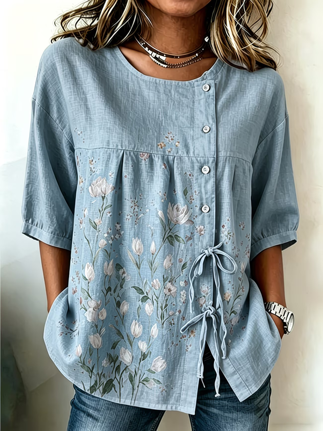 Women's Half Sleeve Shirt Summer Blue Floral Crew Neck Daily Going Out Vintage Top