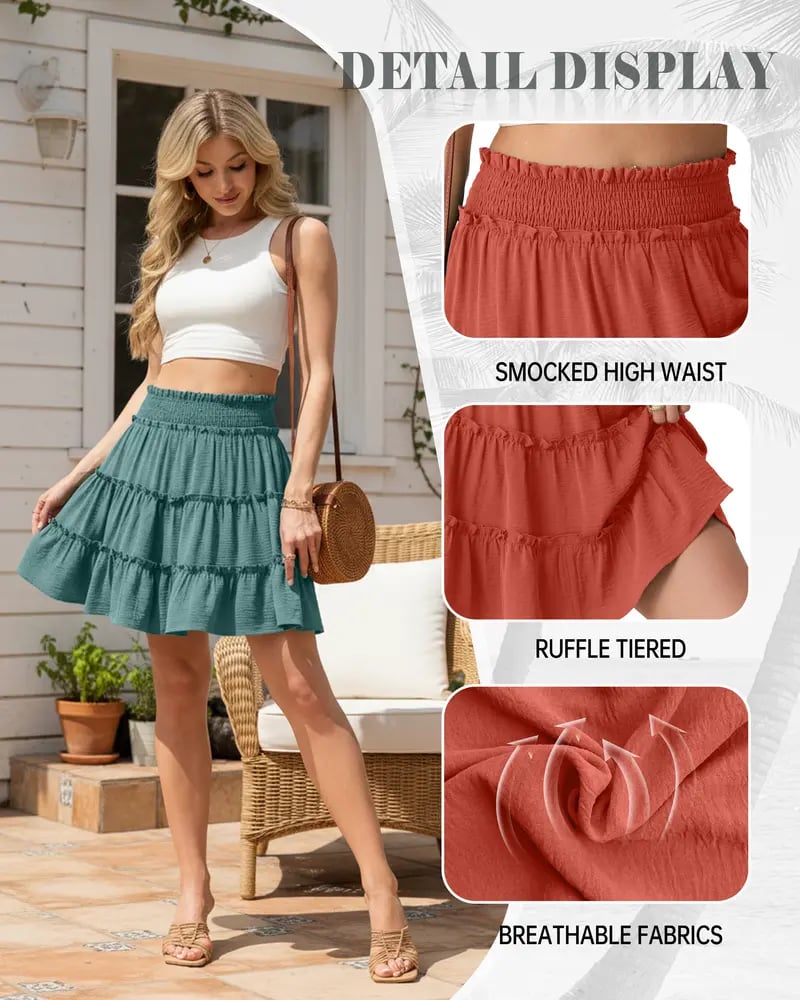🔥Women's Boho Floral Skorts, Flowy Tiered Ruffle Elastic-Waist Bottoms with Built-in Shorts and Pockets, Casual Style