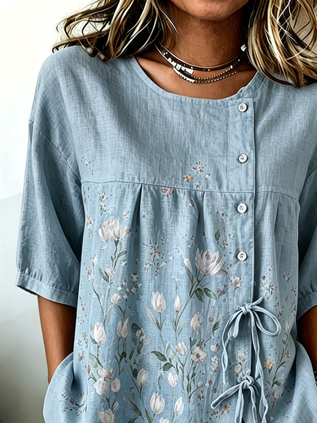 Women's Half Sleeve Shirt Summer Blue Floral Crew Neck Daily Going Out Vintage Top