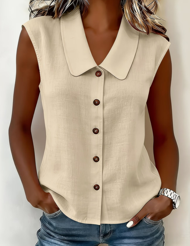 Cotton And Linen Plain Shawl Collar Sleeveless Button Summer Daily Going Out Casual Shirt