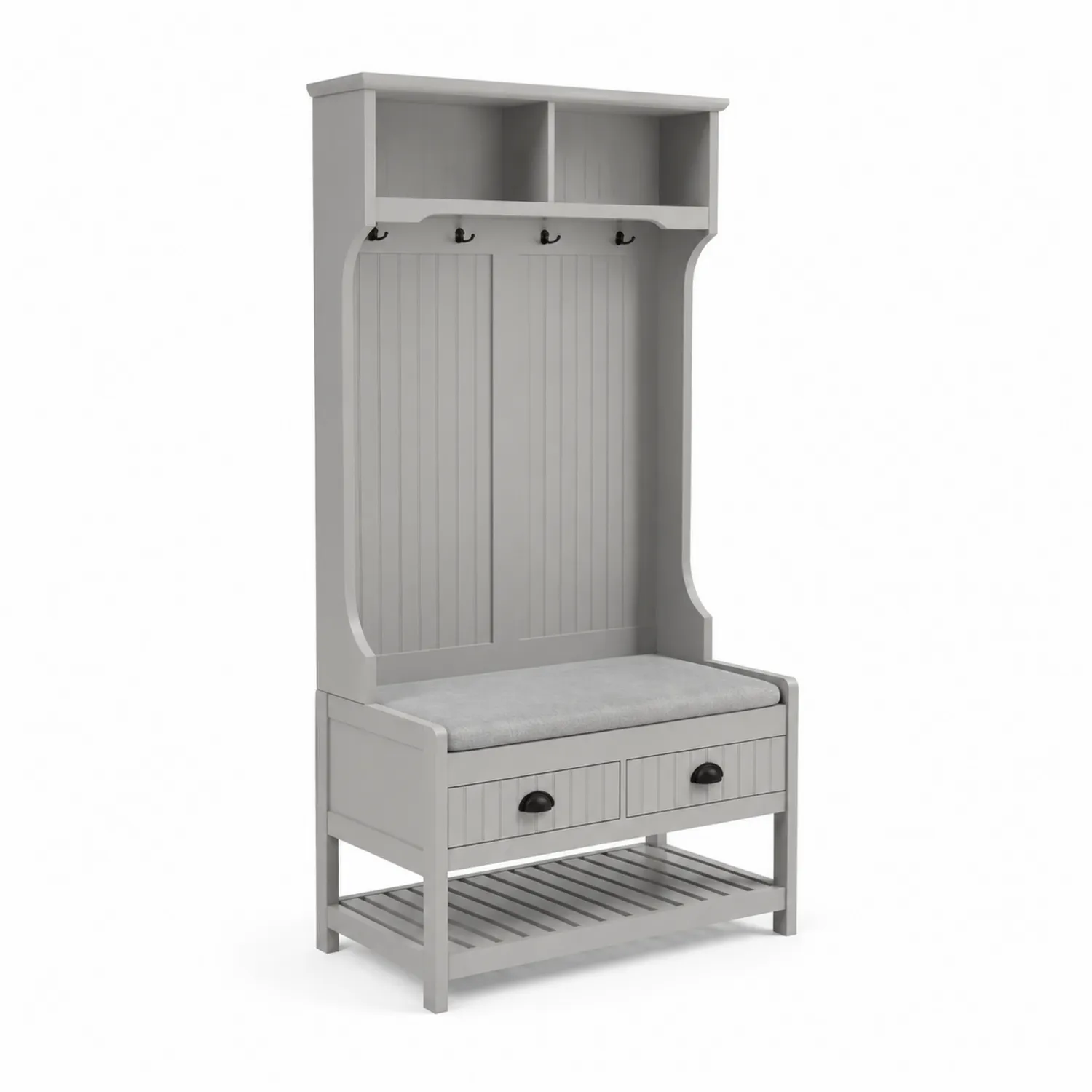 Portemanteau avec banc et étagères en bois de pin gris-Domixorn