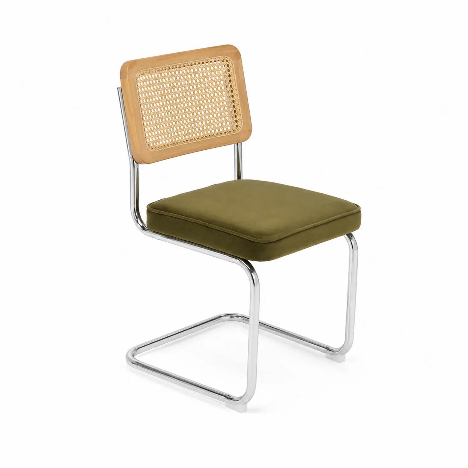 Chaise en Métal avec Dossier en Bois et Rotin, Assise en Velours Vert Olive-Domixorn