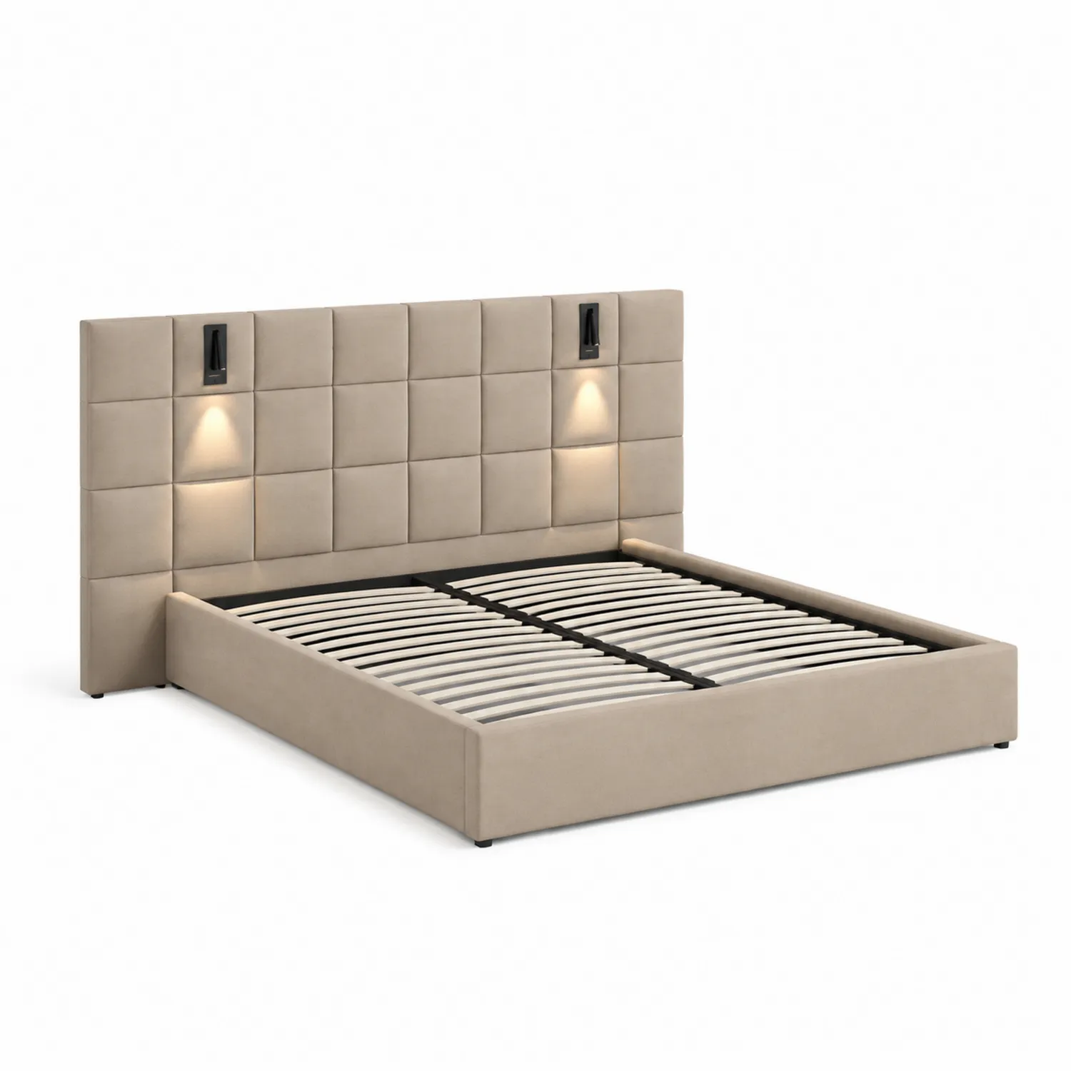 Lit double en bois avec tête de lit rembourrée et éclairage LED 200x160 cm-Domixorn