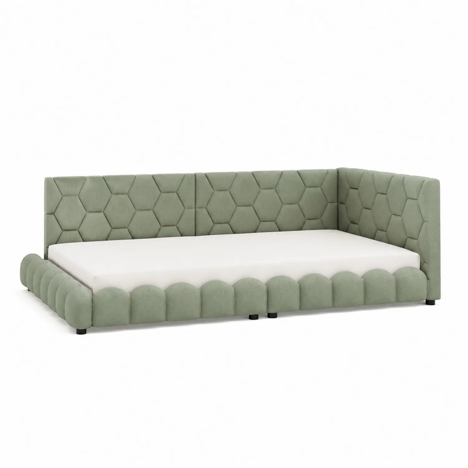 Lit d'angle en tissu polyester vert avec tête de lit hexagonale-Domixorn