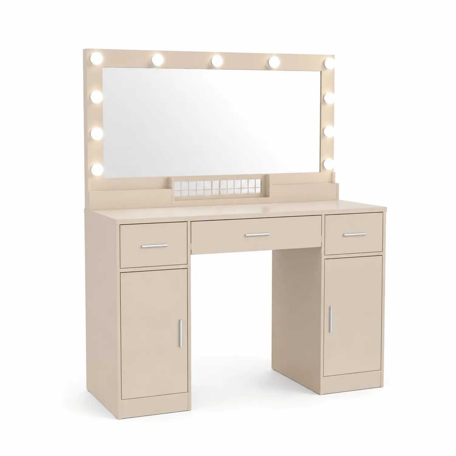Coiffeuse avec miroir éclairé et tiroirs en Bois et Verre Beige-Domixorn