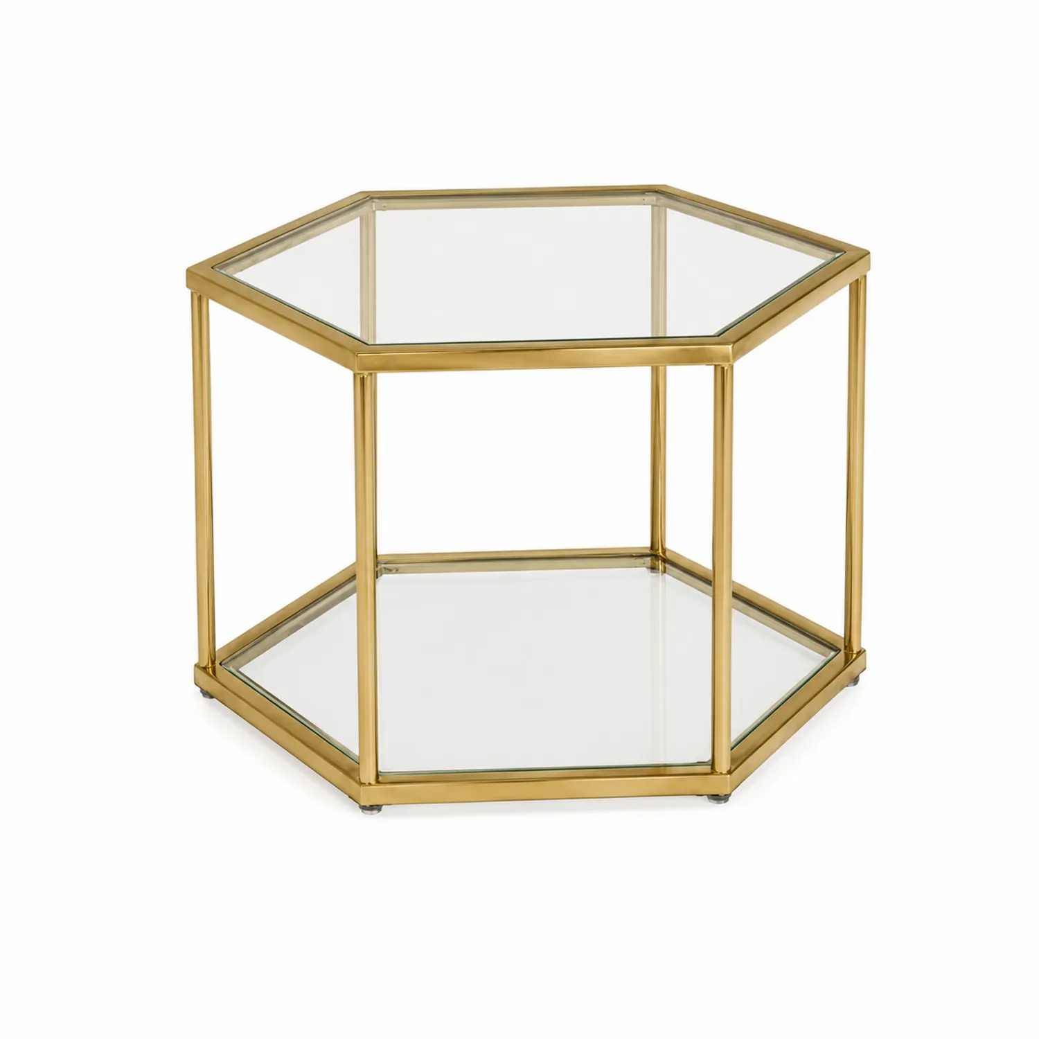 Table basse hexagonale avec verre trempé et métal doré-Domixorn