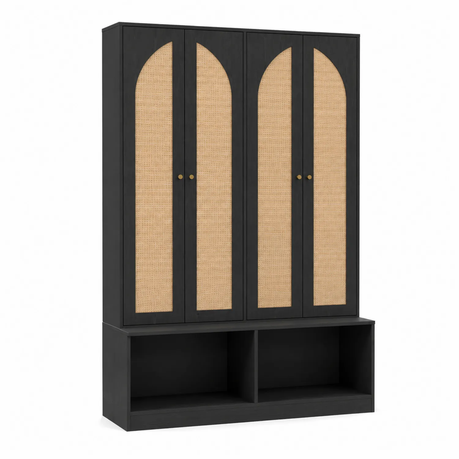 Armoire en bois avec portes en rotin, Noir et Beige-Domixorn