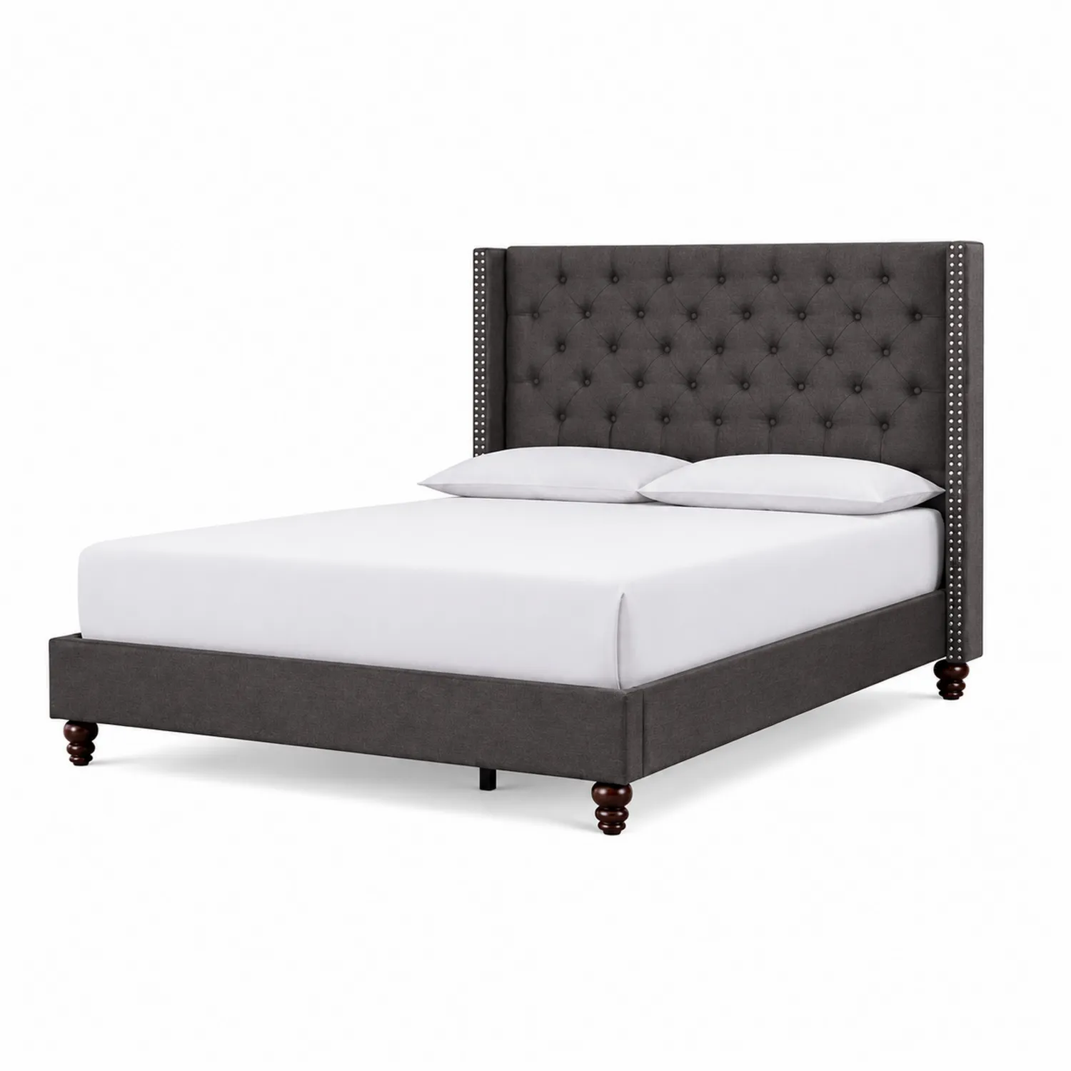 Lit tapissé en tissu gris avec pieds en bois-Domixorn