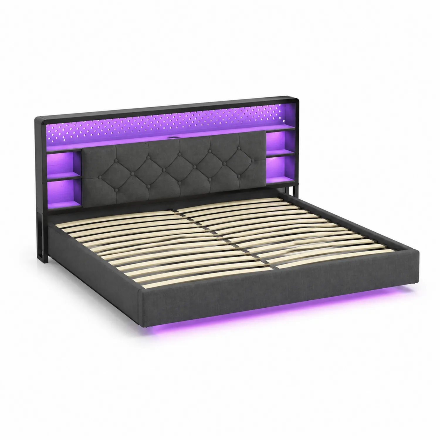 Lit double en velours avec tête de lit capitonnée et éclairage LED-Domixorn