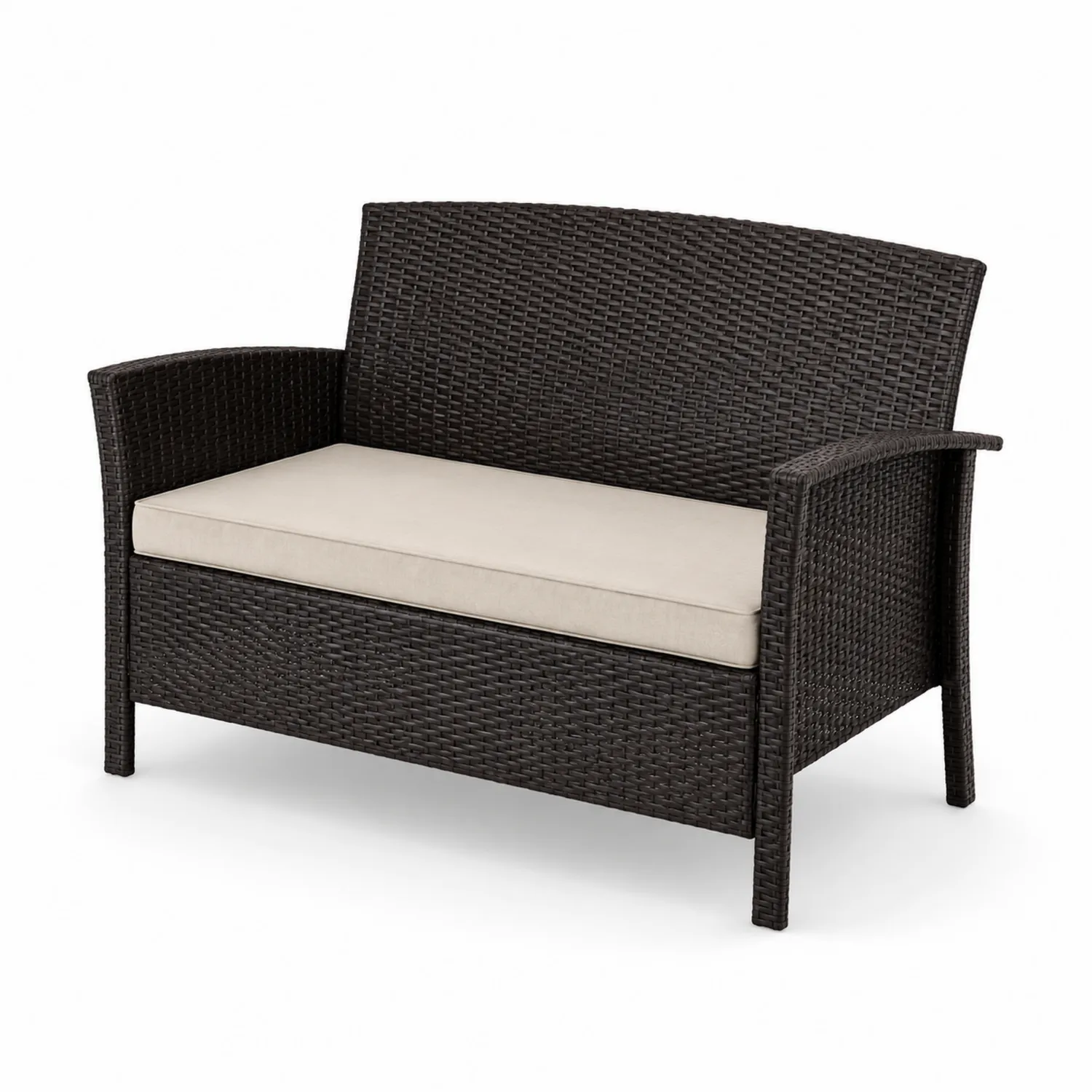 Canapé d'extérieur 2 places en résine tressée noir avec coussin beige-Domixorn