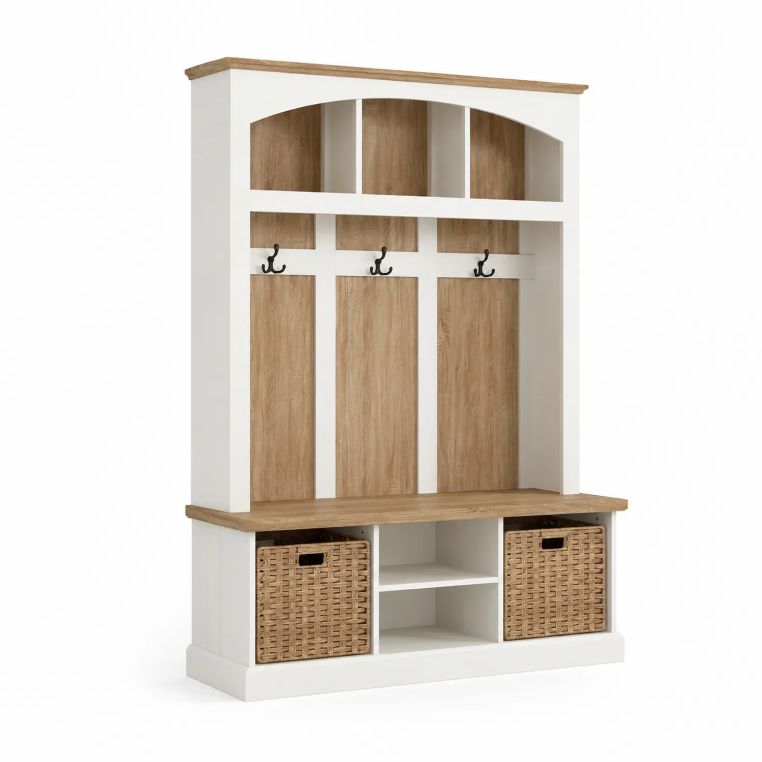 Portemanteau en bois avec banc et paniers en rotin