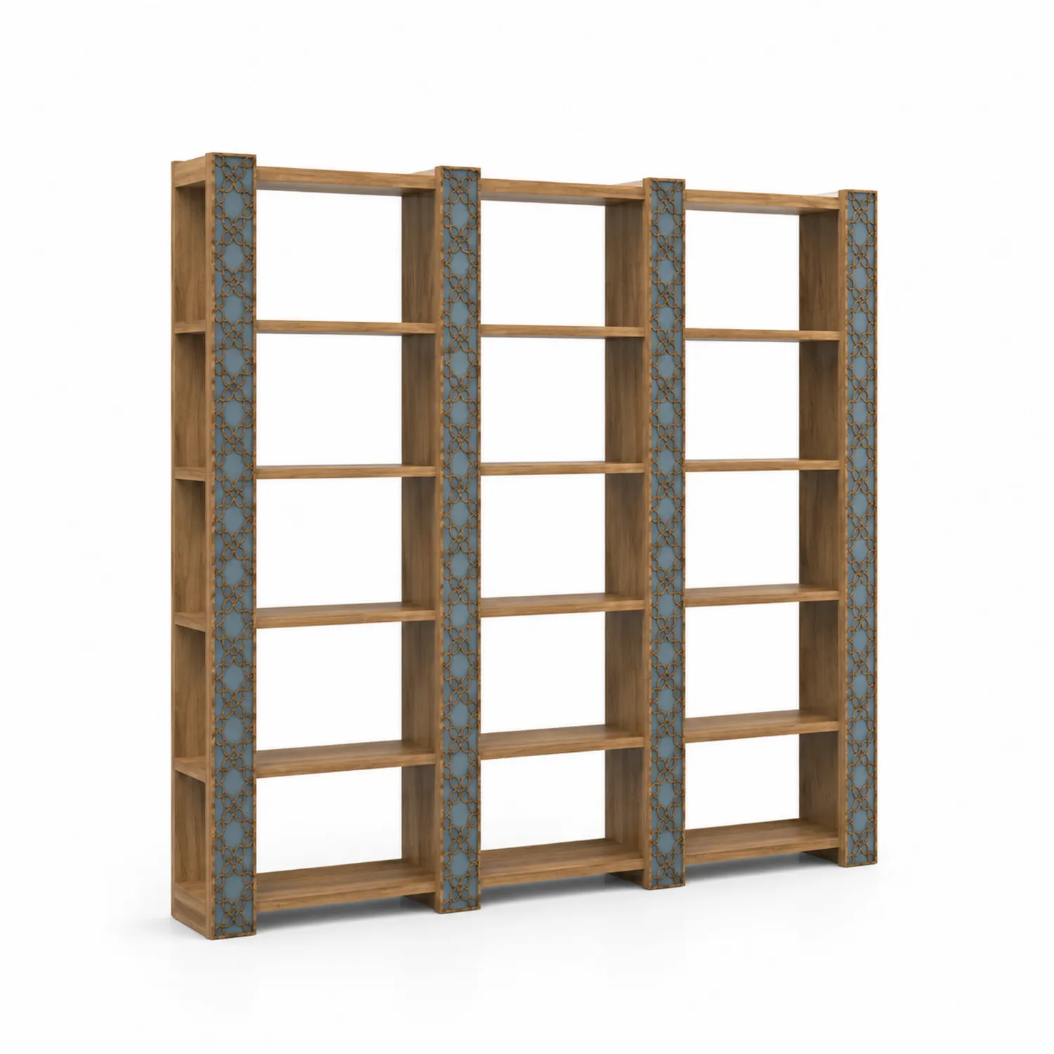 Bibliothèque modulaire en bois avec motifs géométriques bleus