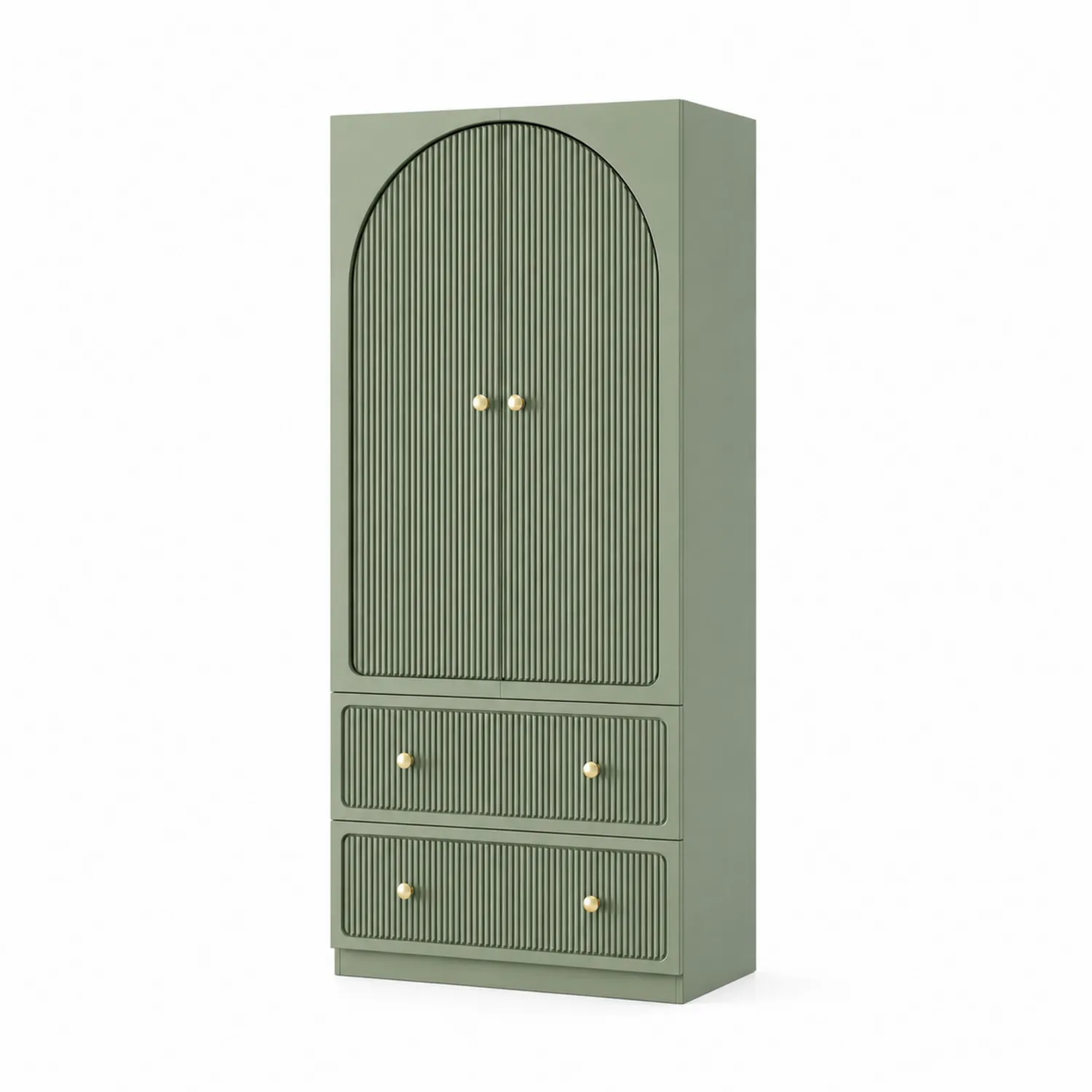 Armoire en bois avec portes cintrées et 2 tiroirs, Vert, 180cm