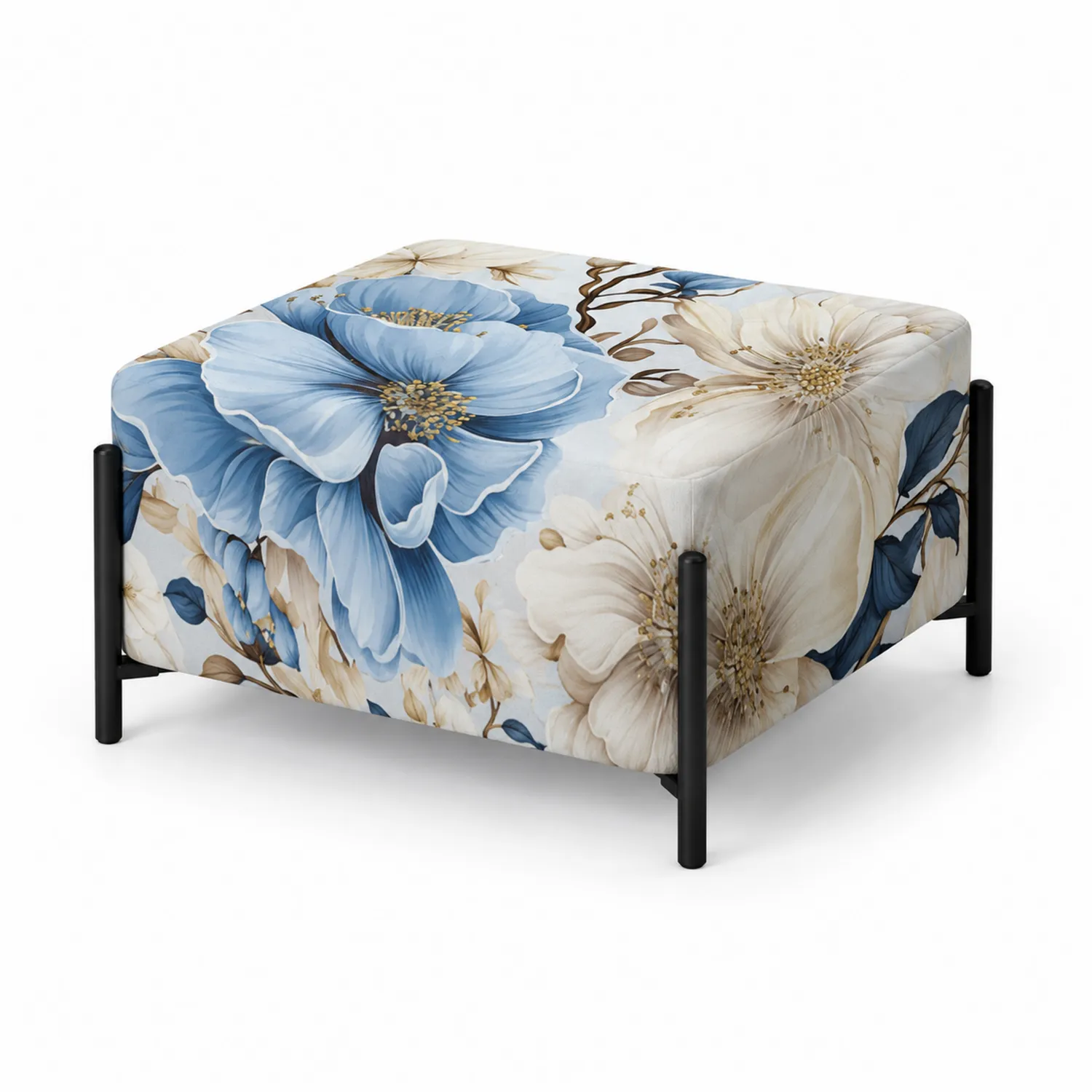 Pouf carré en tissu à motif floral avec cadre en métal