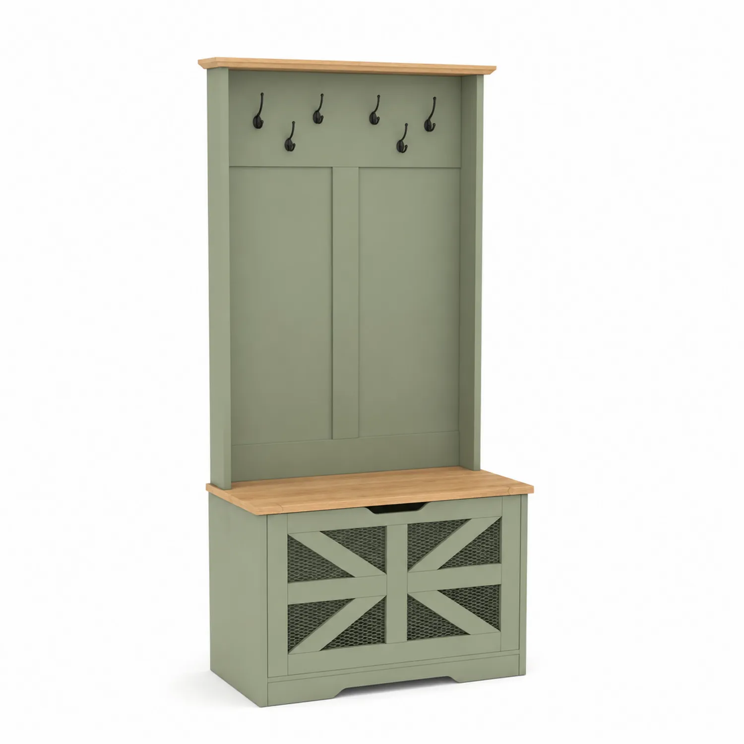 Portemanteau en bois avec coffre de rangement et crochets en métal noir Vert 180 cm
