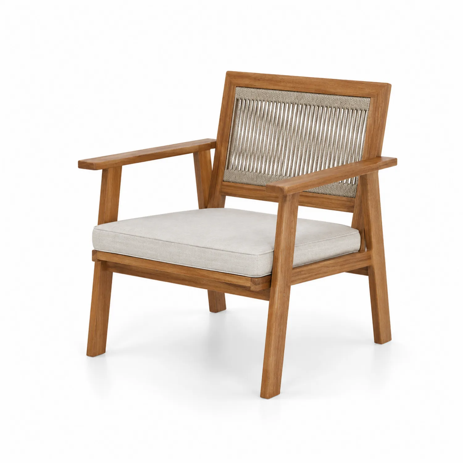Fauteuil en teck avec dossier en corde et coussin beige