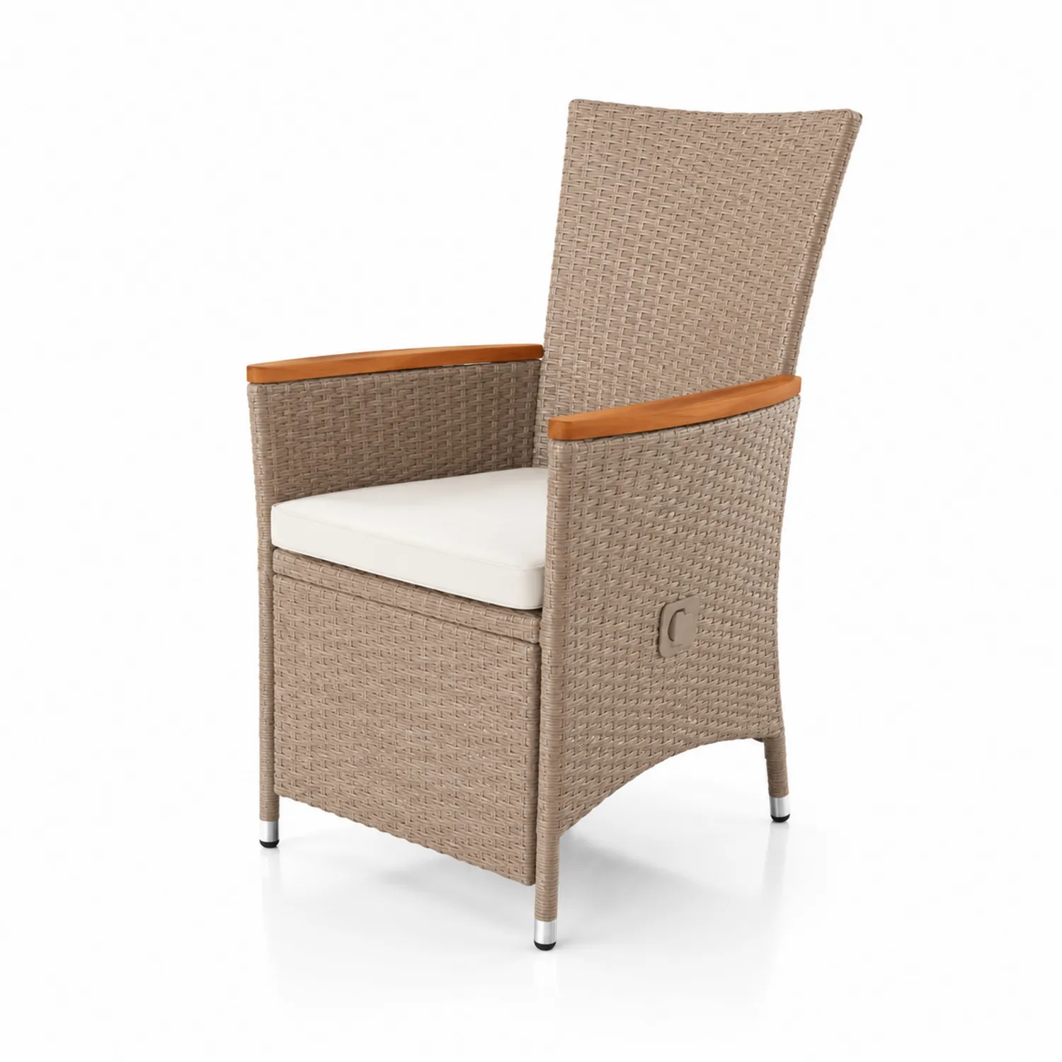 Fauteuil de jardin en résine tressée et bois avec coussin beige