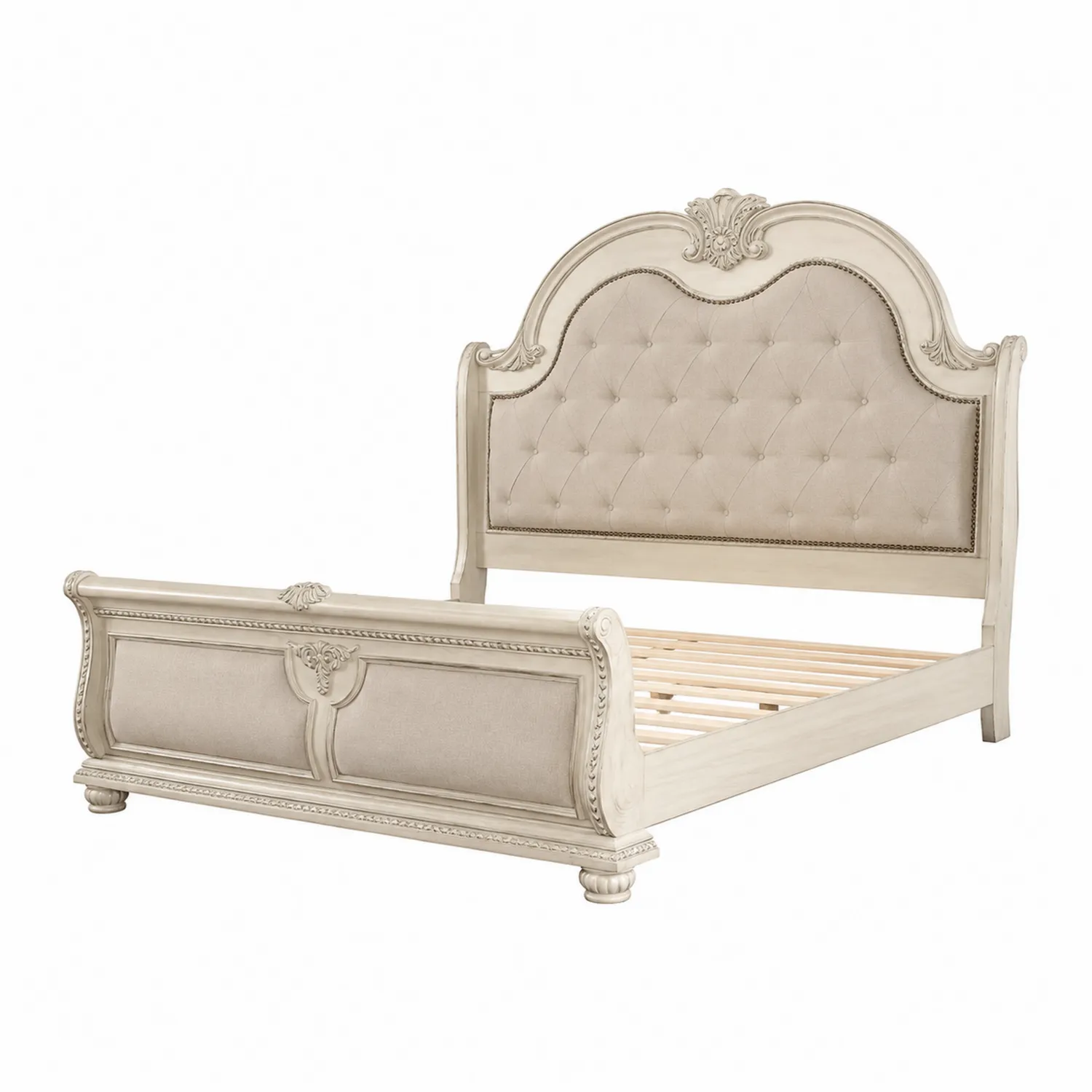 Lit double en bois avec tête de lit en tissu polyester beige