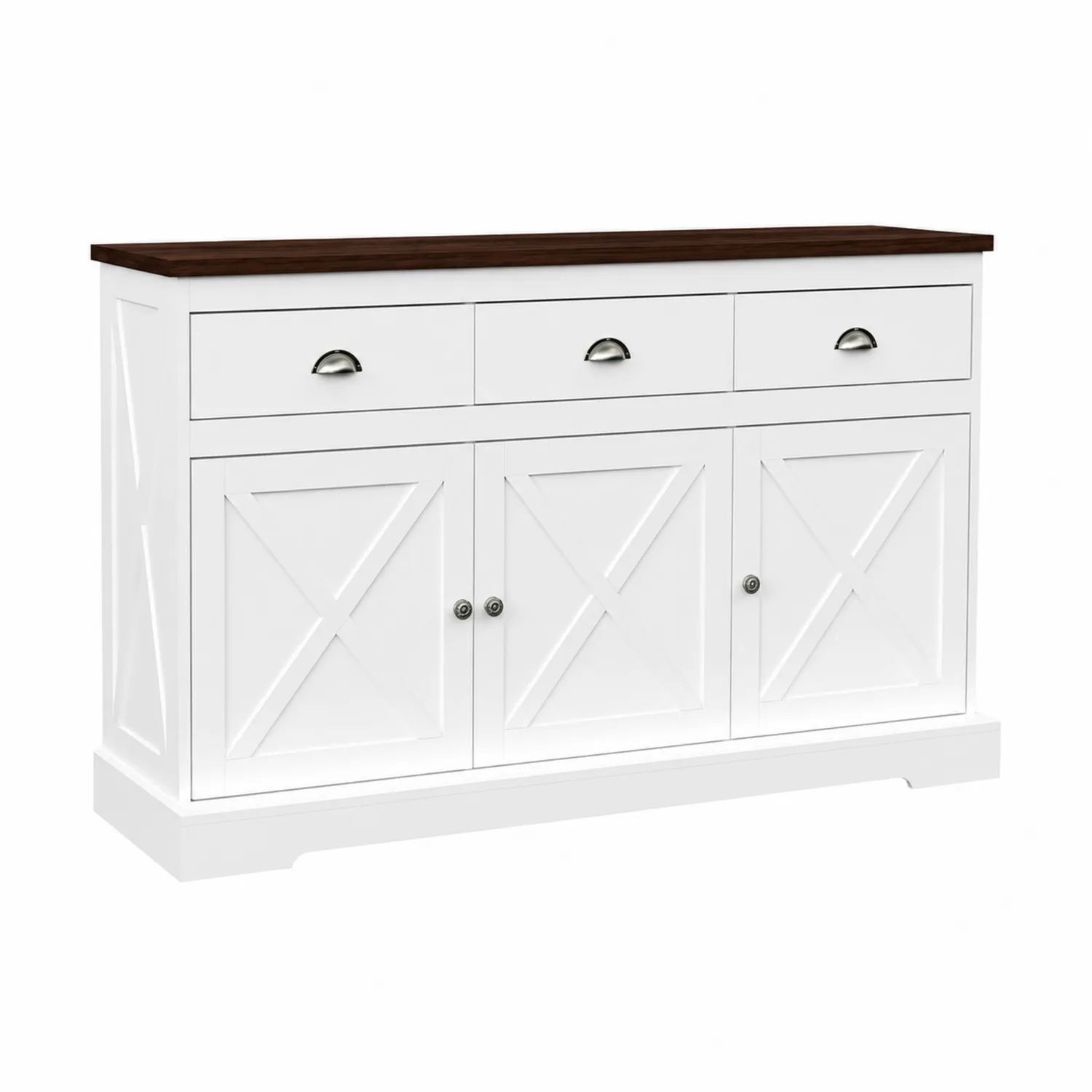 Buffet en bois blanc et brun foncé avec 3 tiroirs et 3 portes