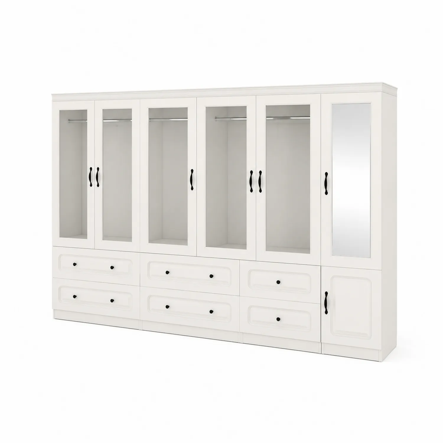 Armoire garde-robe 6 portes en bois avec miroir et tiroirs Blanc 300cm