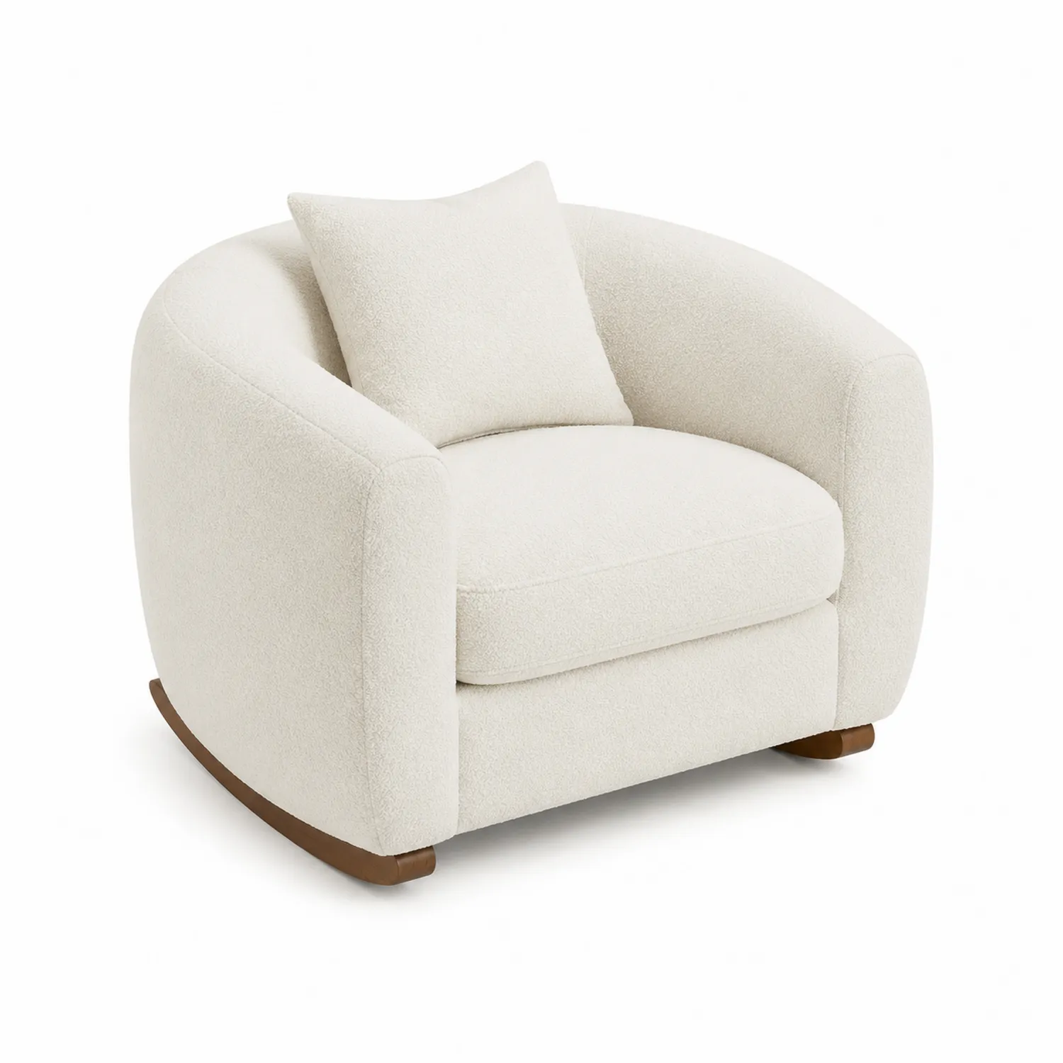 Fauteuil à bascule en tissu bouclé ivoire avec coussin