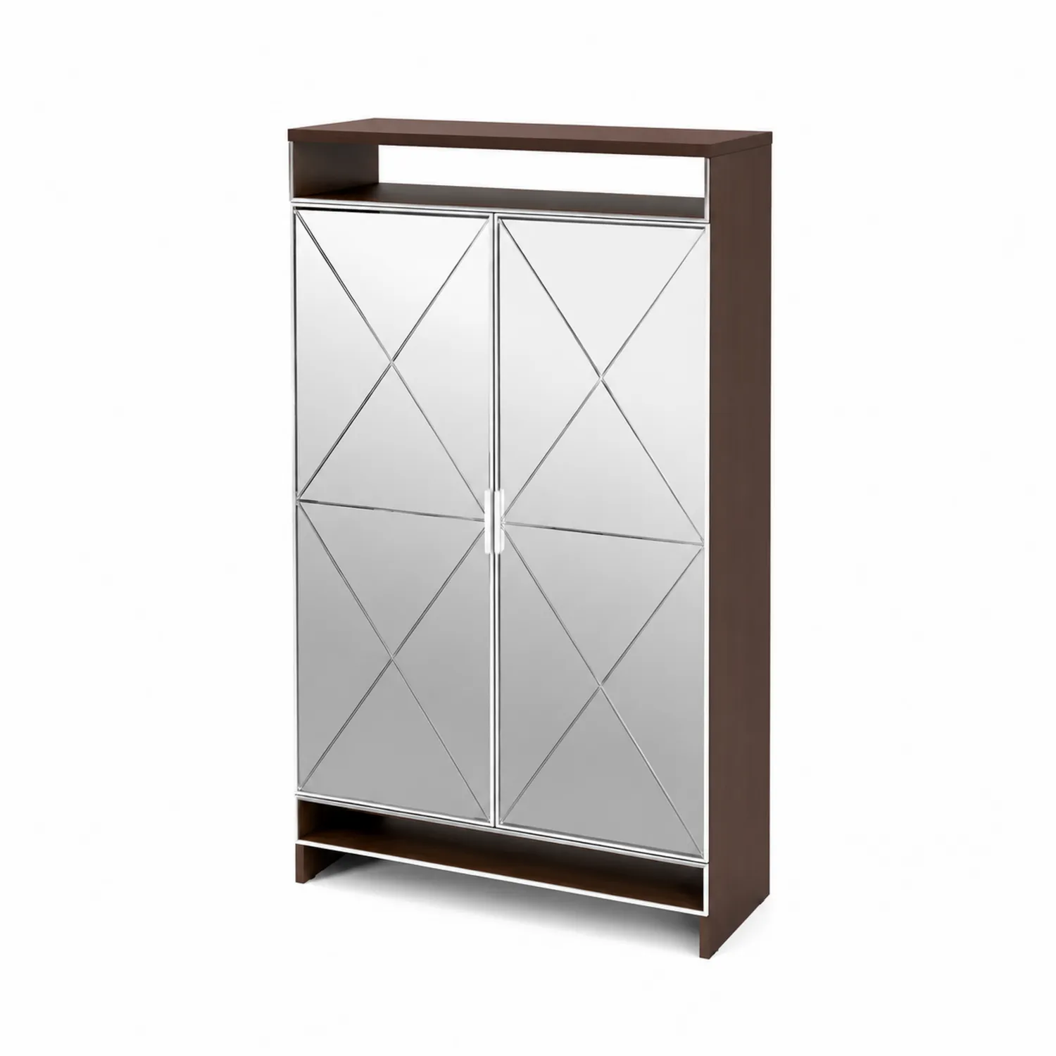 Armoire à chaussures en bois et verre trempé marron et argenté