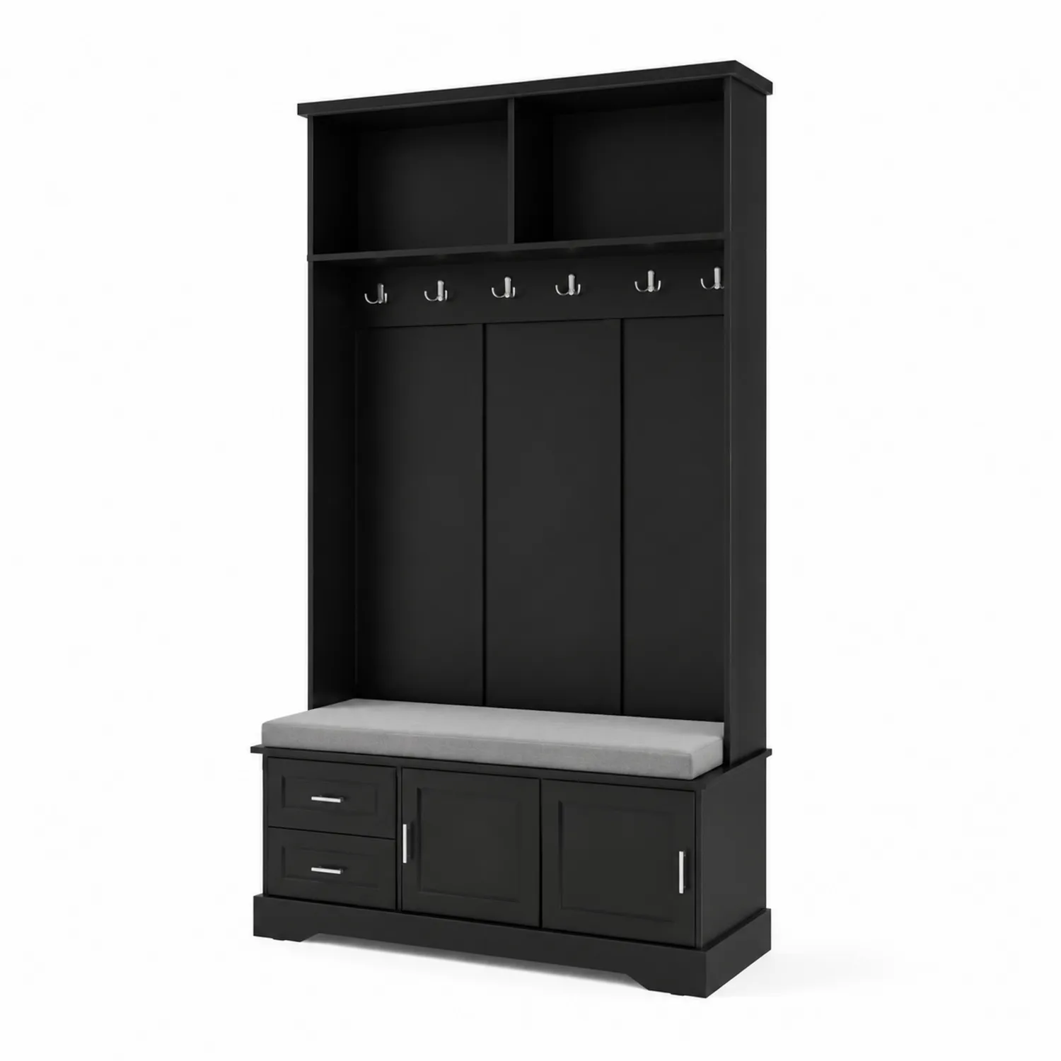 Portemanteau en Bois Noir avec Banc et Coussin Gris