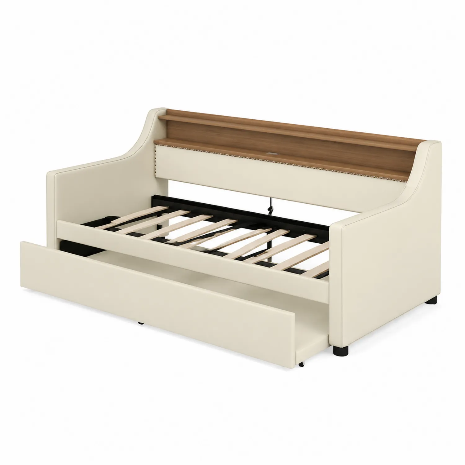 Lit de repos en bois avec rangement en cuir synthétique beige
