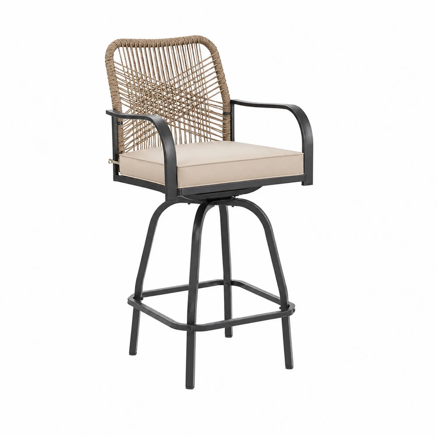 Tabouret de bar en métal et rotin beige