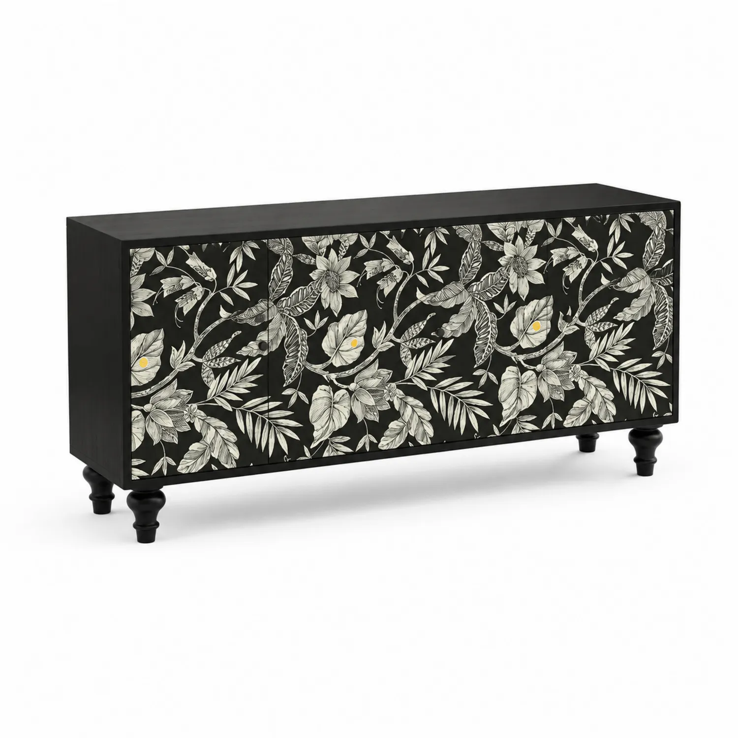 Buffet en bois MDF avec motif floral Noir/Blanc 180x45x76 cm