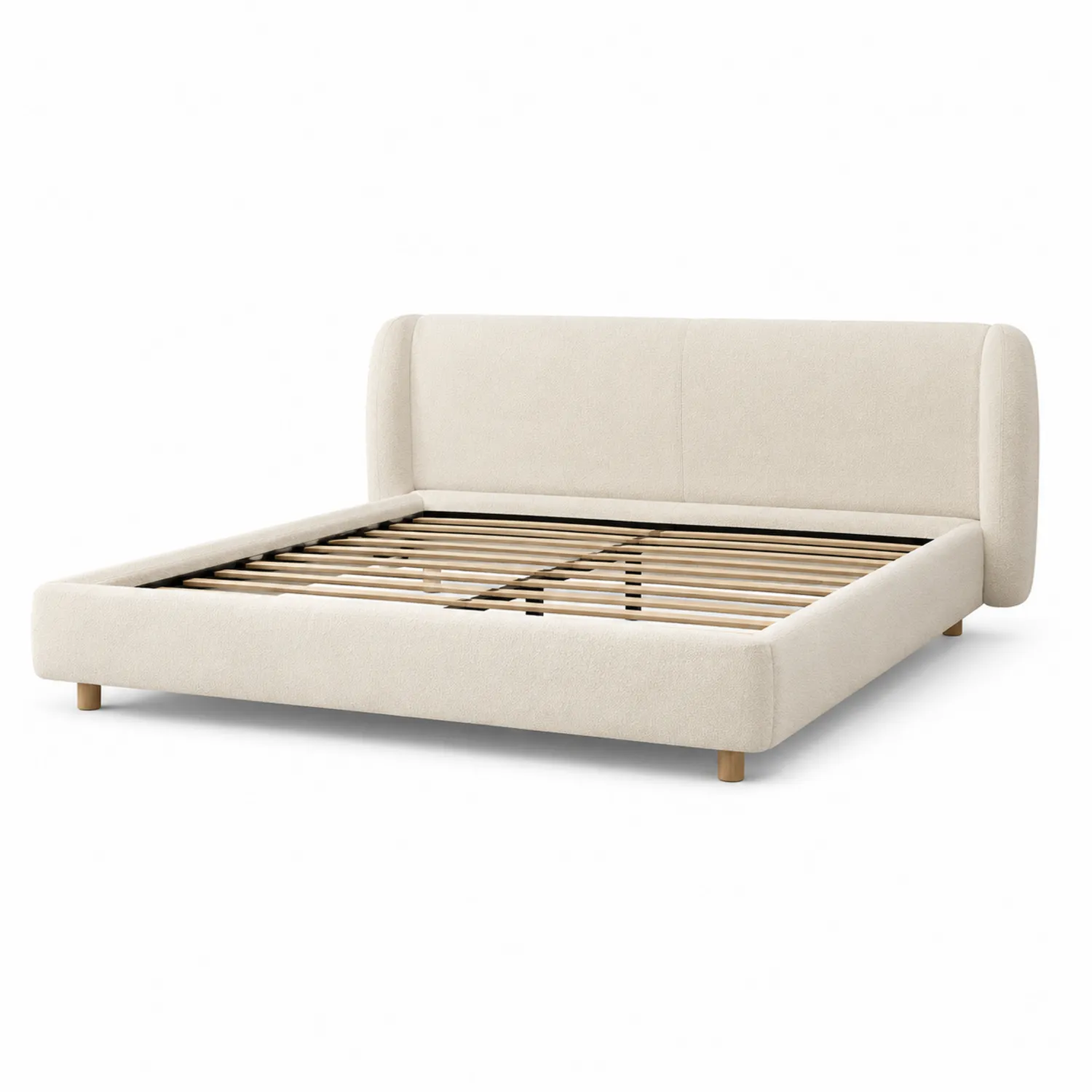 Lit double en tissu polyester beige avec lattes de bois-rivviorae