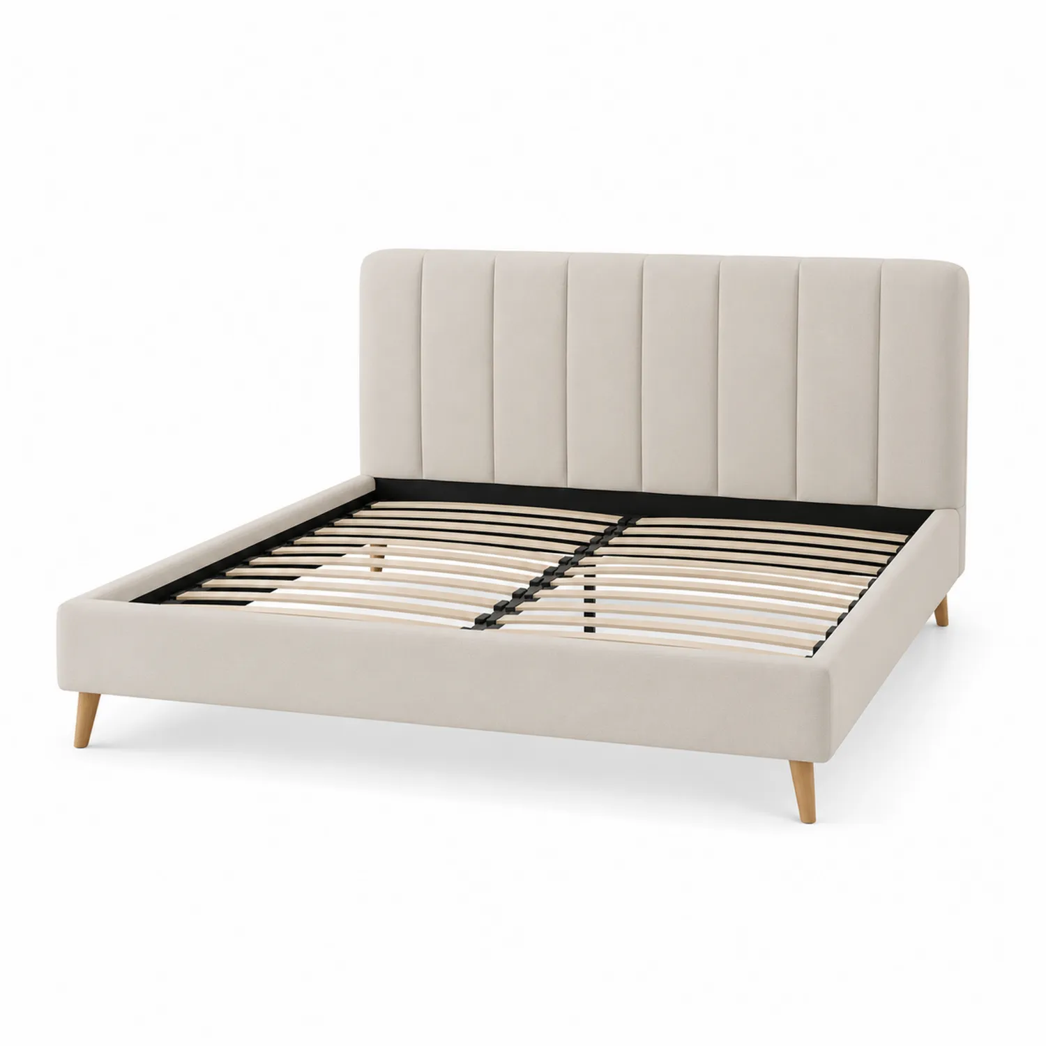 Lit double tissu beige avec tête de lit rembourrée-rivviorae