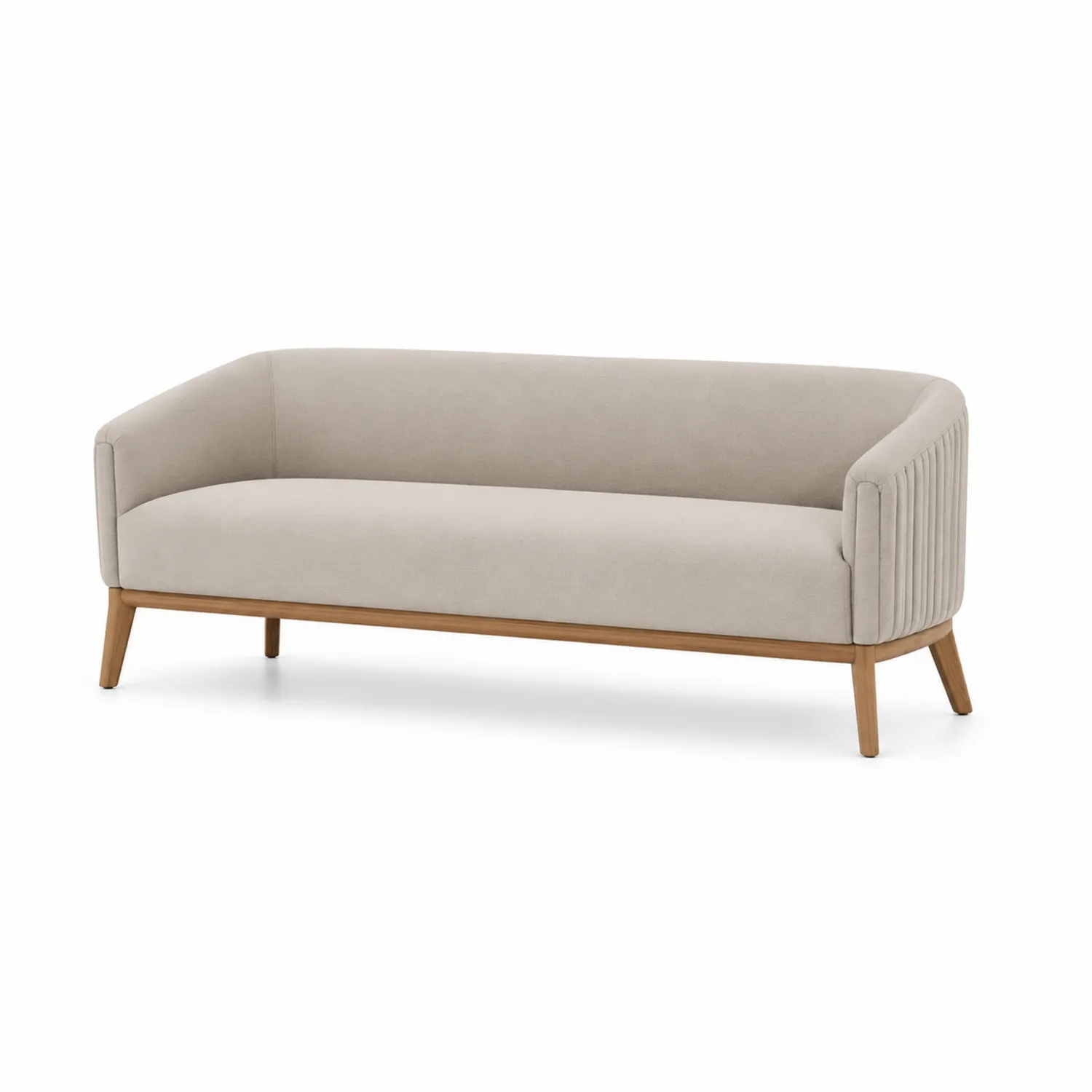 Canapé trois places en tissu beige avec pieds en bois-rivviorae