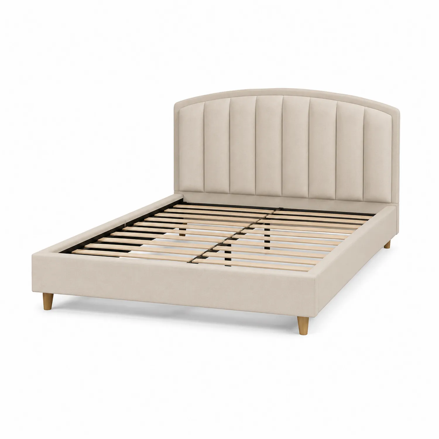 Lit double en tissu beige avec tête de lit rembourrée-rivviorae