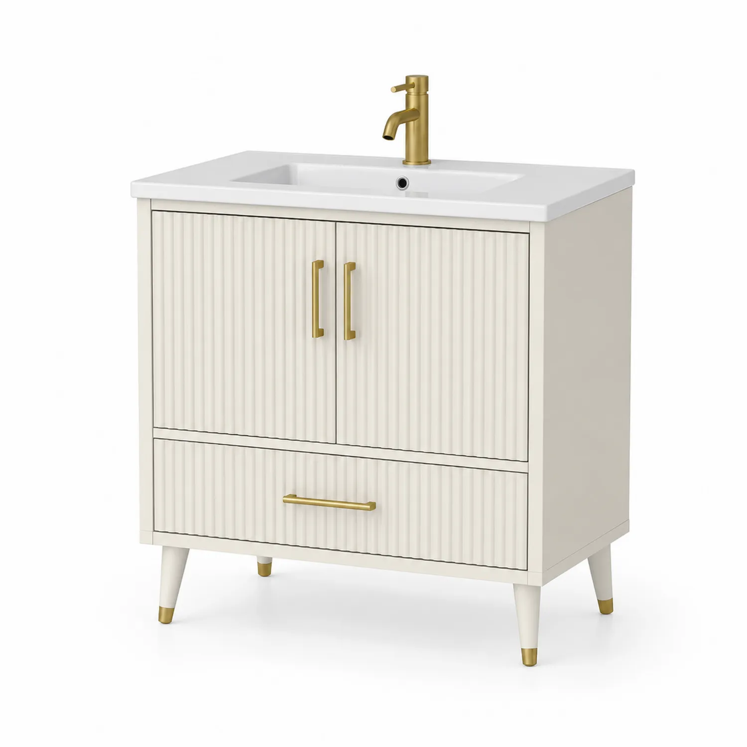 Meuble-lavabo en bois avec vasque en céramique blanc et doré-rivviorae