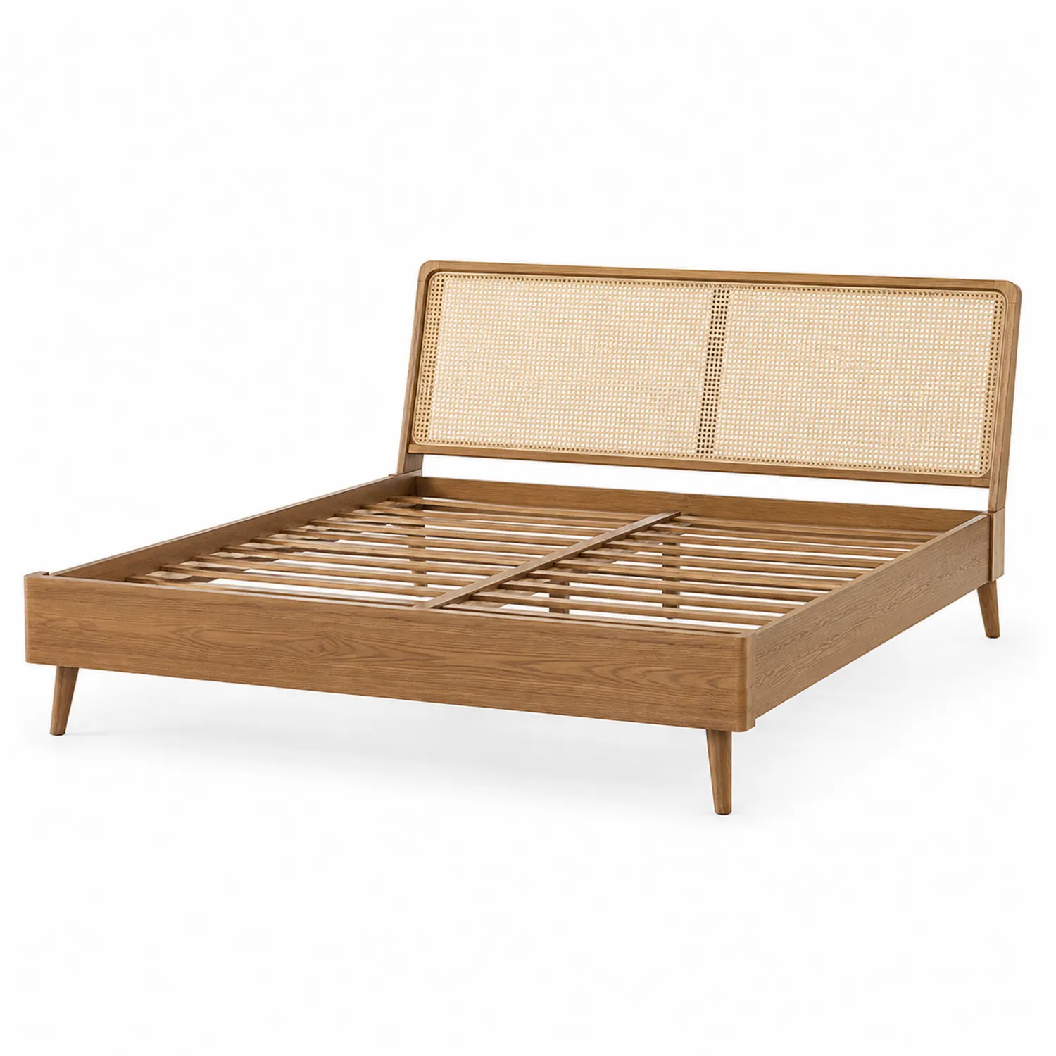 Lit double en bois avec tête de lit en rotin 160x200 cm-rivviorae