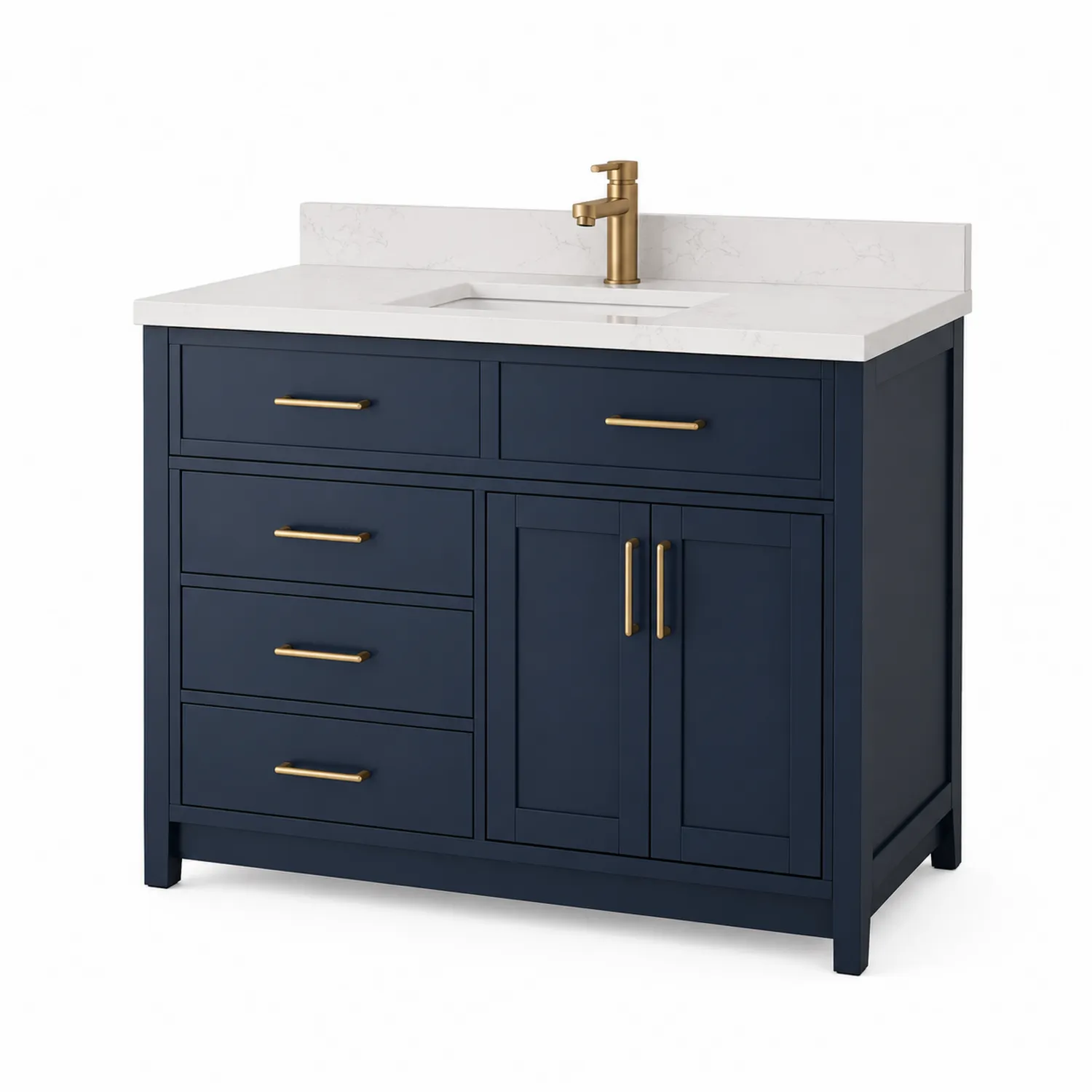 Meuble-lavabo simple avec dessus en marbre composite et poignées en laiton, Bleu Foncé 91x56x85 cm-rivviorae