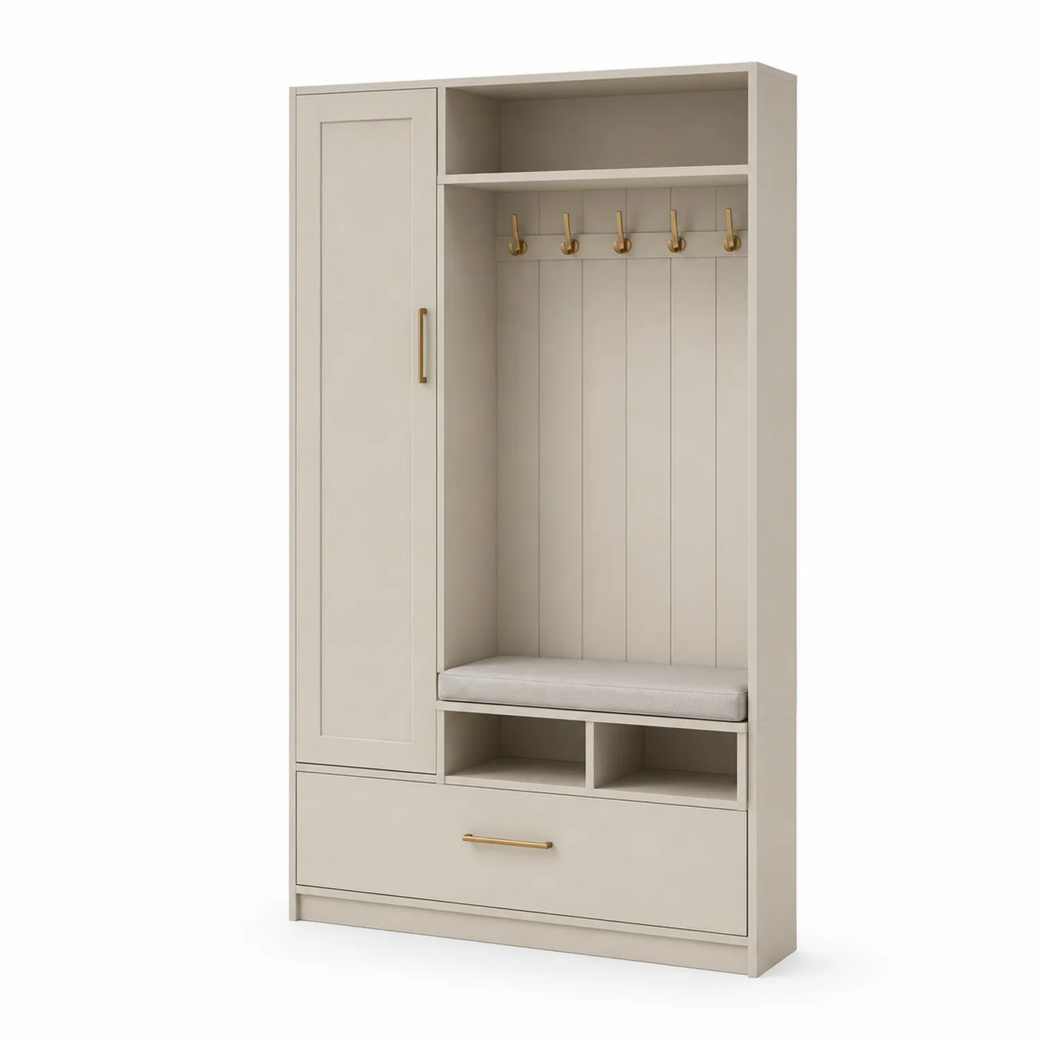 Penderie d'entrée en MDF avec crochets métalliques et banc en tissu beige-rivviorae