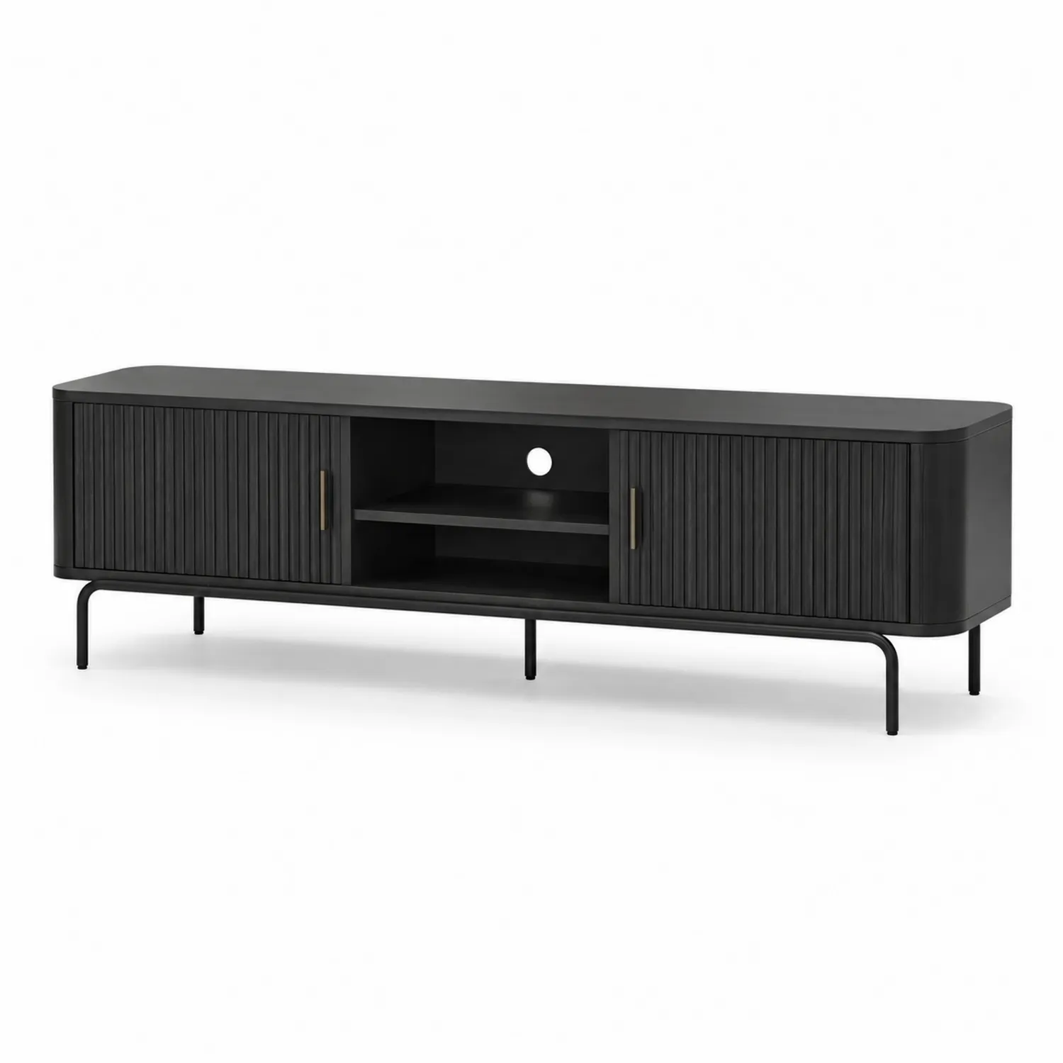 Meuble TV en bois et métal noir avec portes et étagères-rivviorae