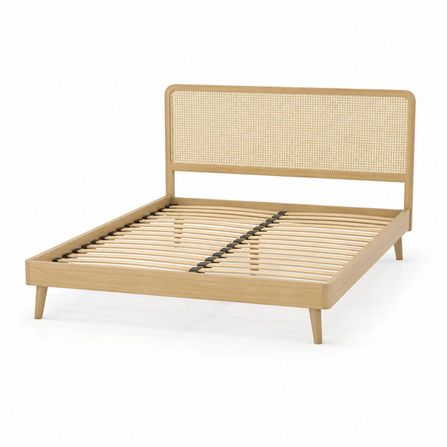 Lit double en bois avec tête de lit en rotin, 200x160 cm-rivviorae