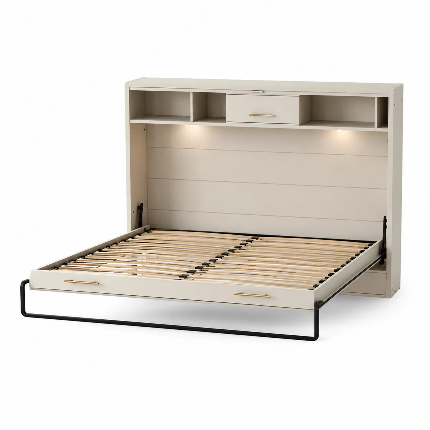 Lit escamotable en bois avec étagères intégrées et éclairage LED-rivviorae
