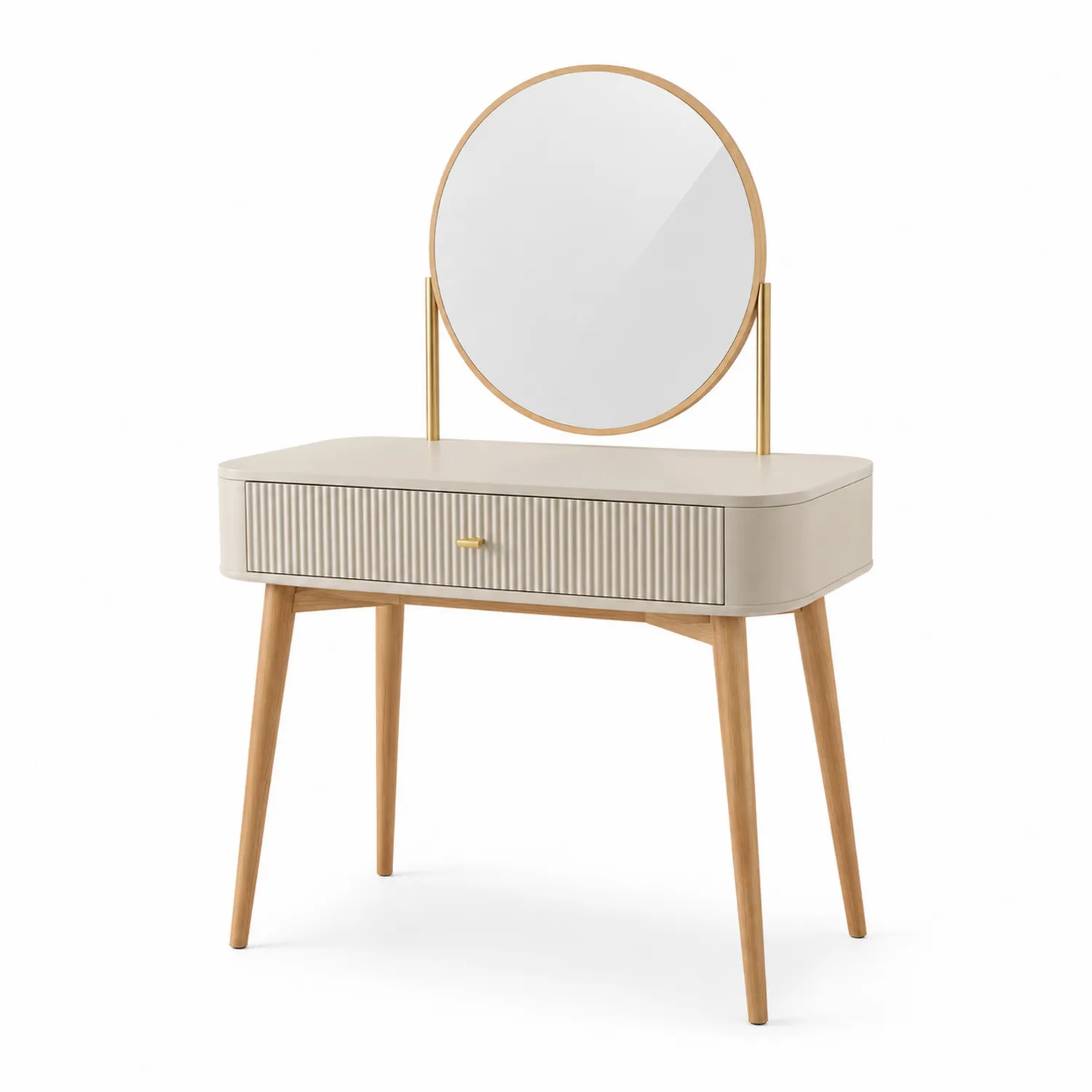 Coiffeuse en Bois avec Miroir Rond en Verre Trempé Beige-rivviorae