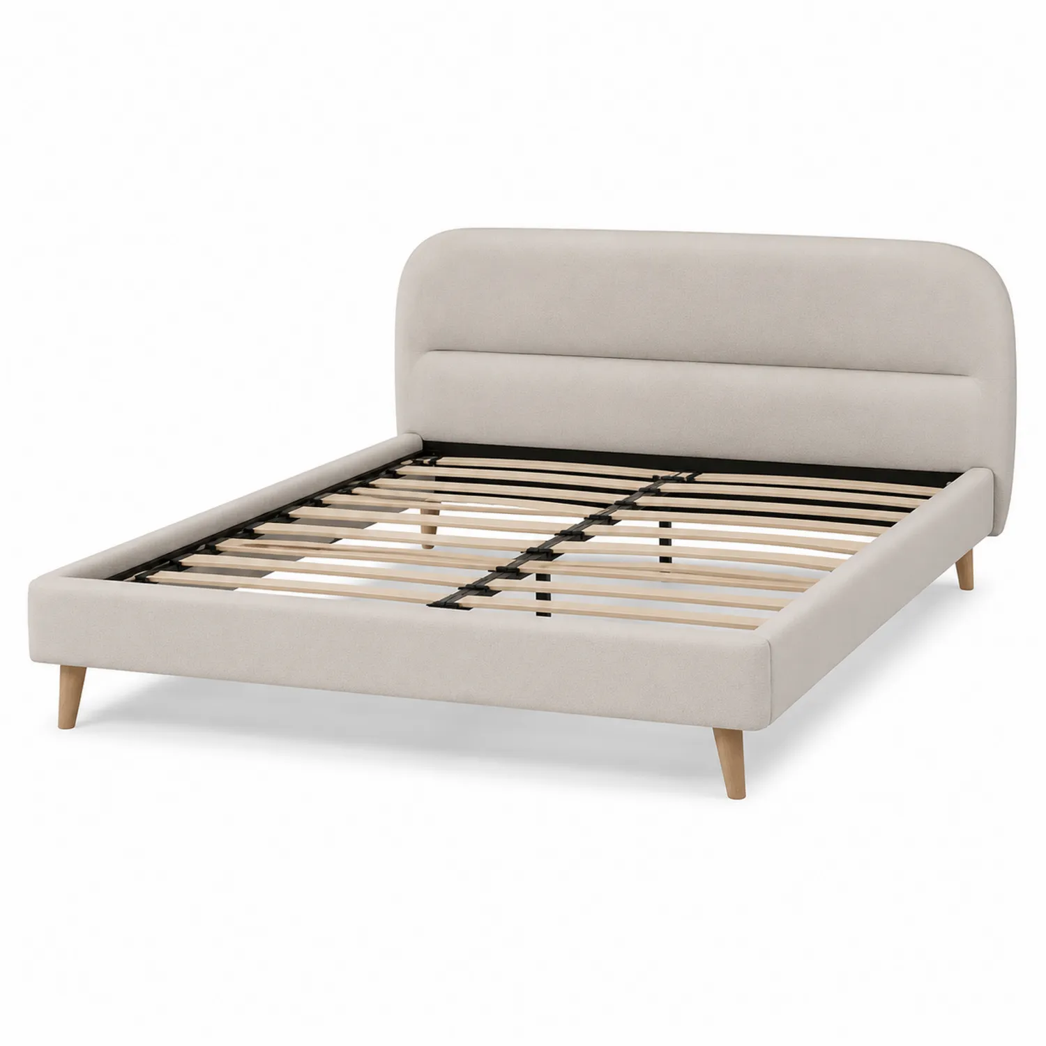 Lit double en tissu beige avec pieds en bois-rivviorae