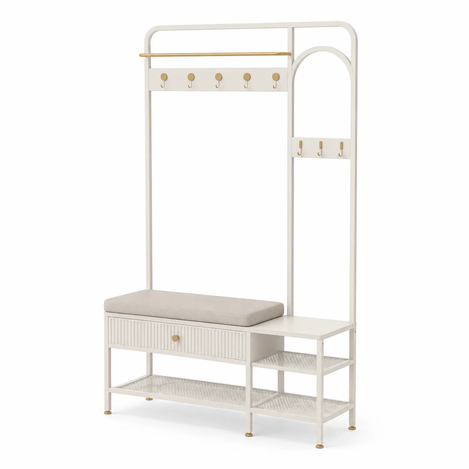 Portemanteau en métal avec banc et étagères, Blanc et Beige-rivviorae