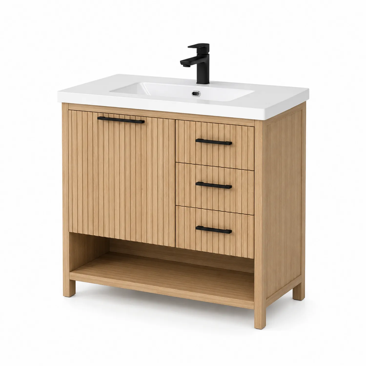 Meuble-lavabo en chêne clair avec vasque en céramique blanche 80cm-rivviorae
