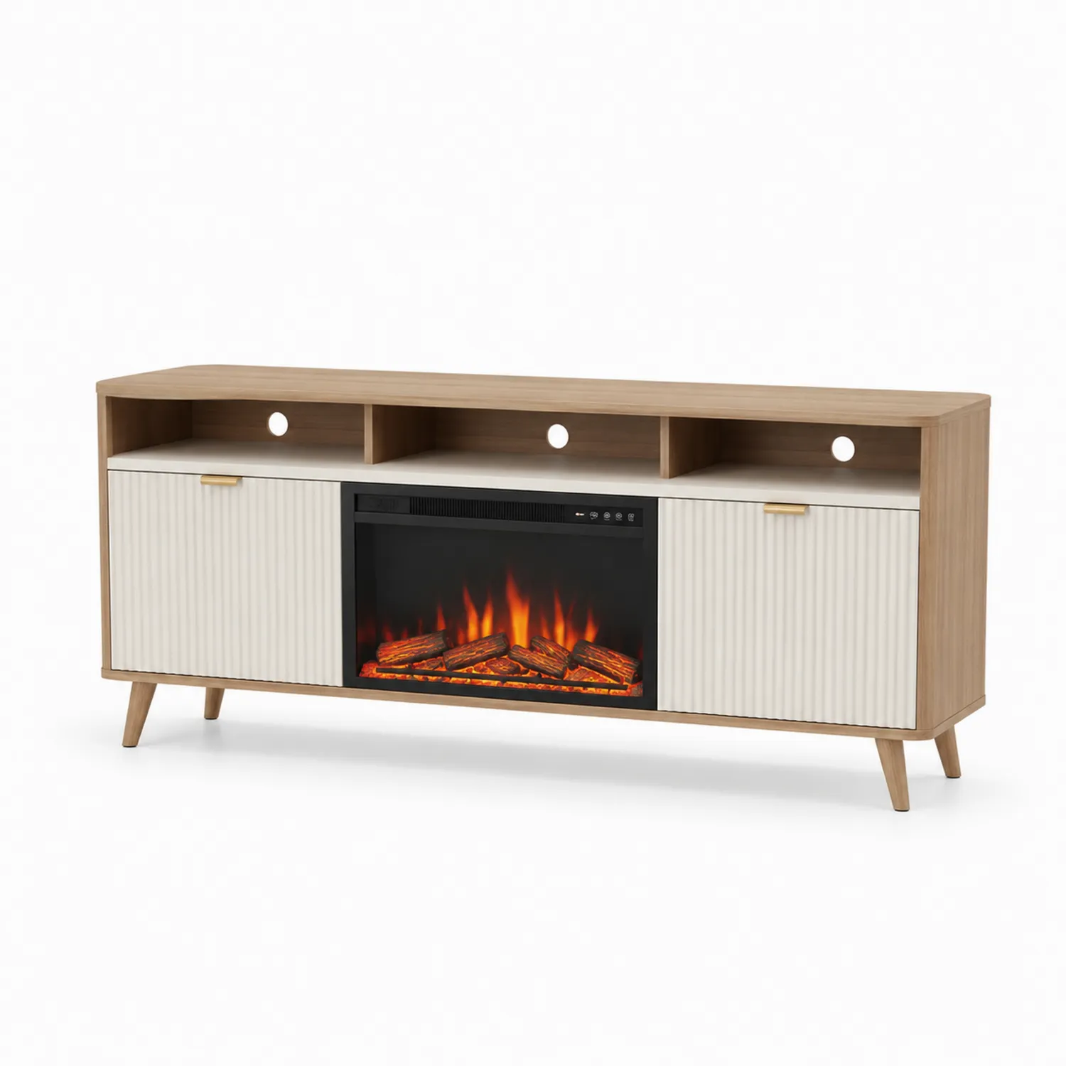 Meuble TV avec cheminée électrique intégrée en bois et composite Blanc, 150 cm-rivviorae